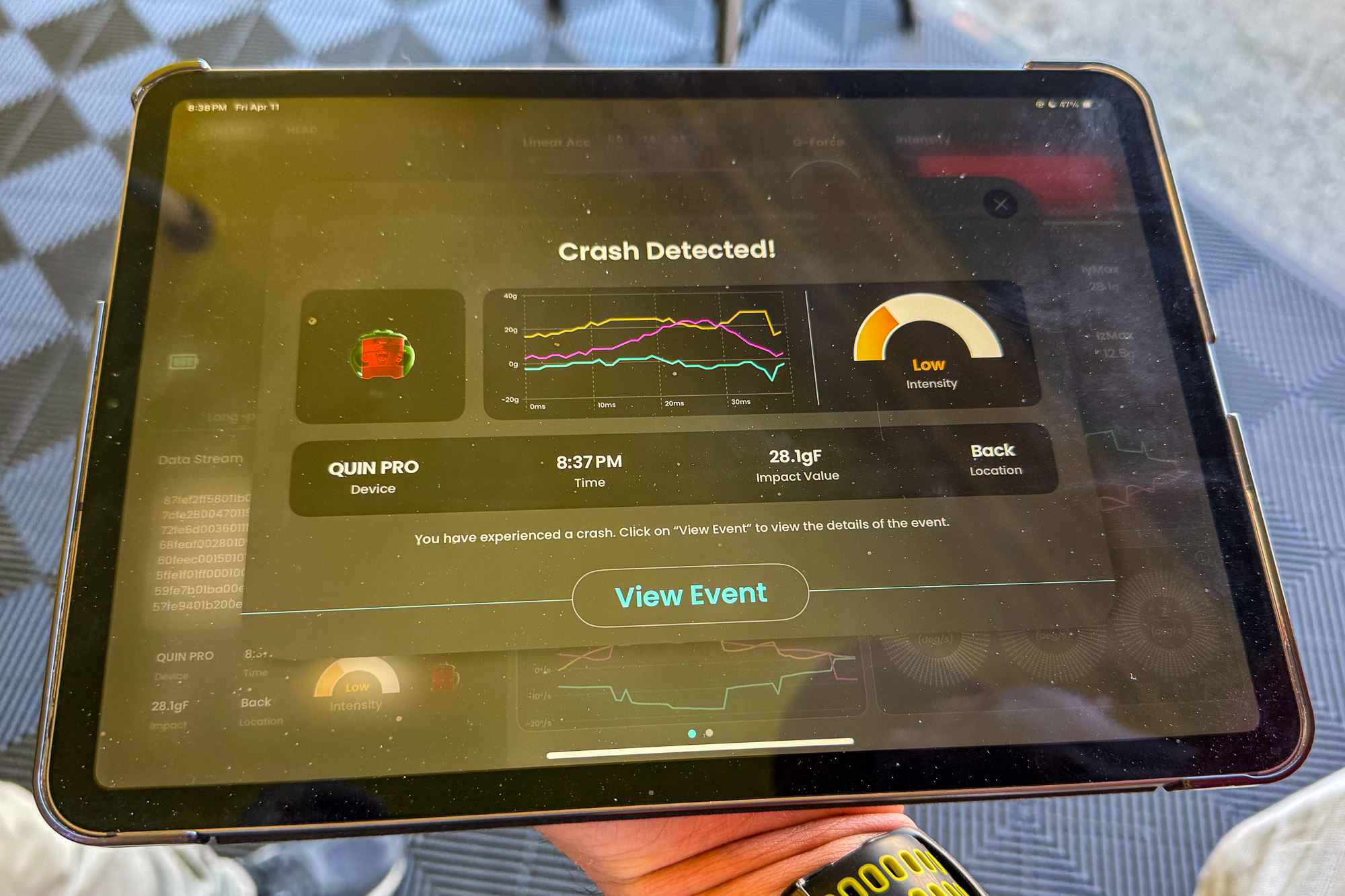 Quin Motion Intelligence crash detection data screen