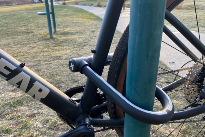 The LITELOK X1 U-lock locking a bike to a bike rack