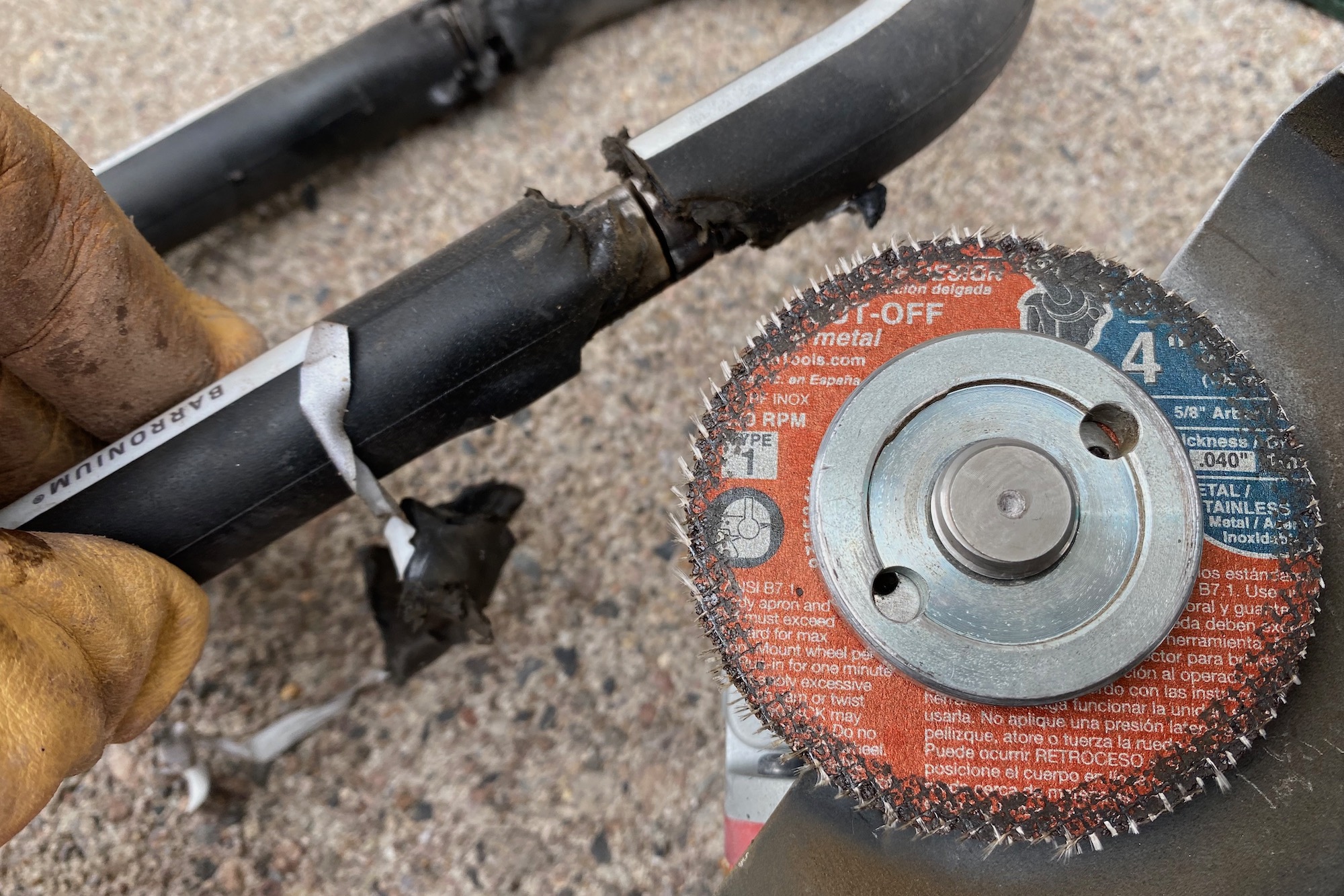 One of the angle grinder wheels after cutting the Litelok X1