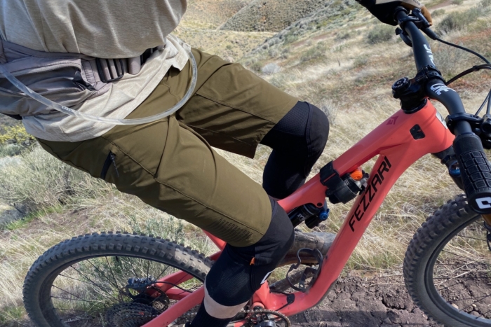 Riding while wearing the Outdoor Research Freewheel Ride mountain bike shorts