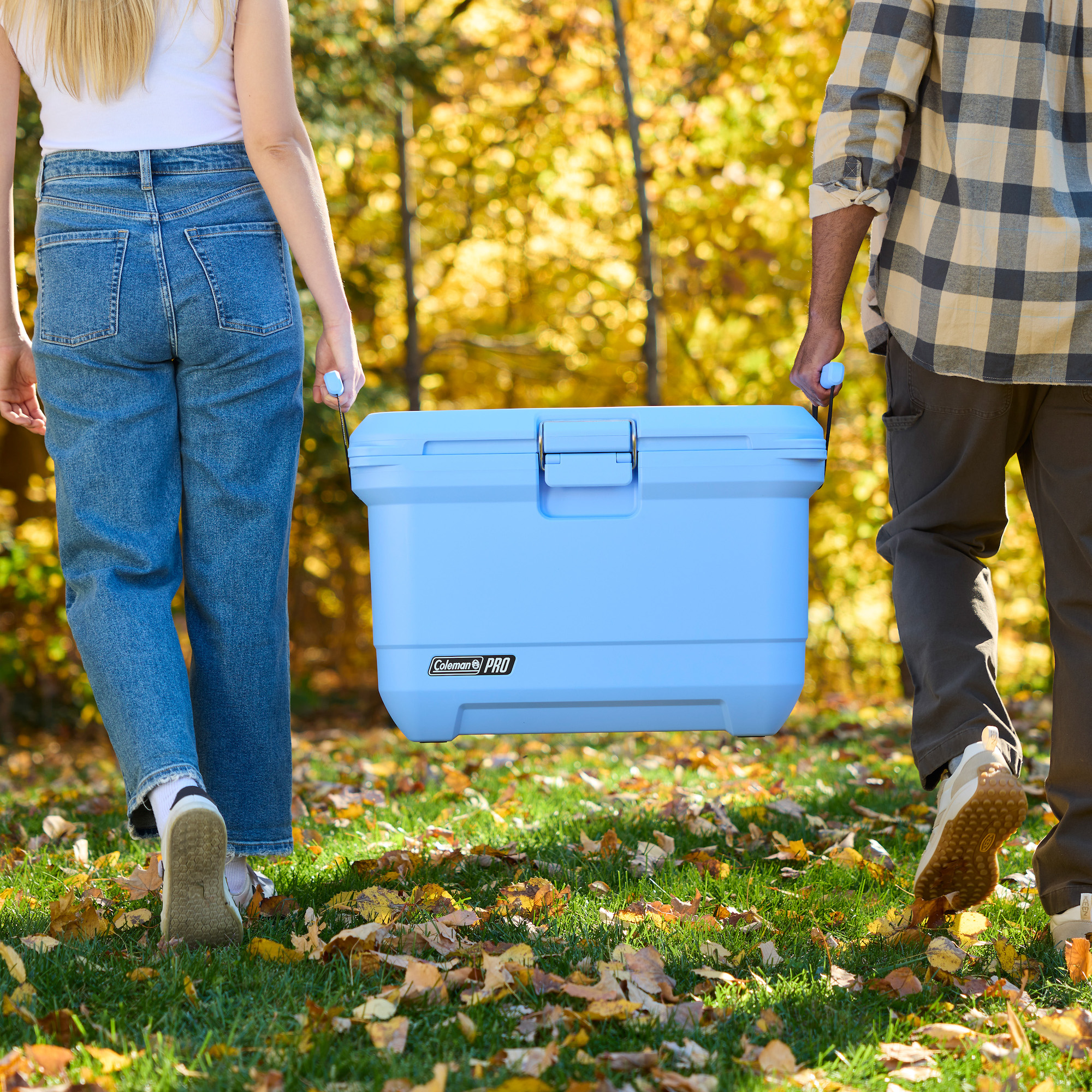 Two people carrying a blue hard-sided cooler towards trees, yellow foliage in background and on grass
