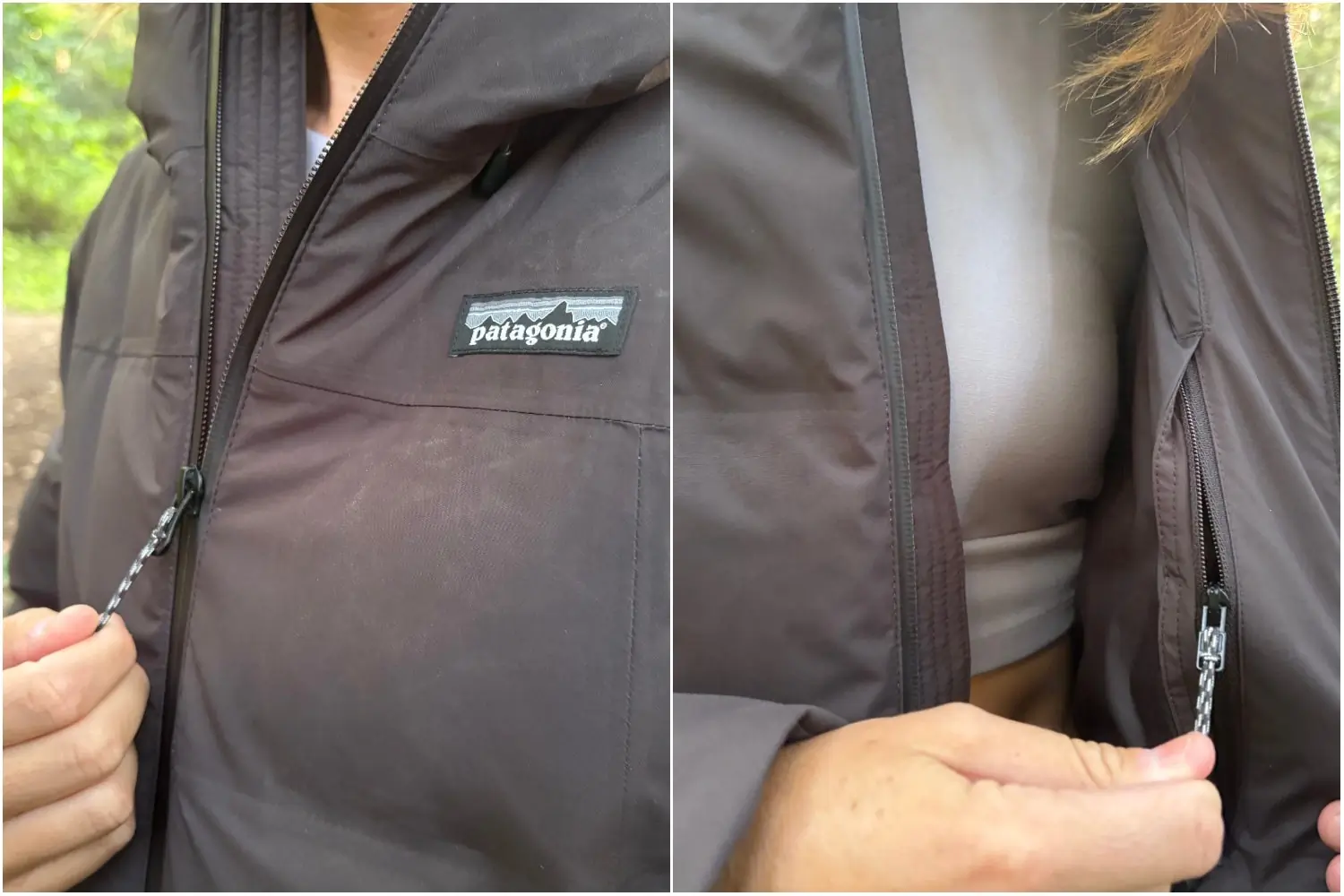 Close-up of a Patagonia puffer jacket showing outer and inner zippered chest pockets