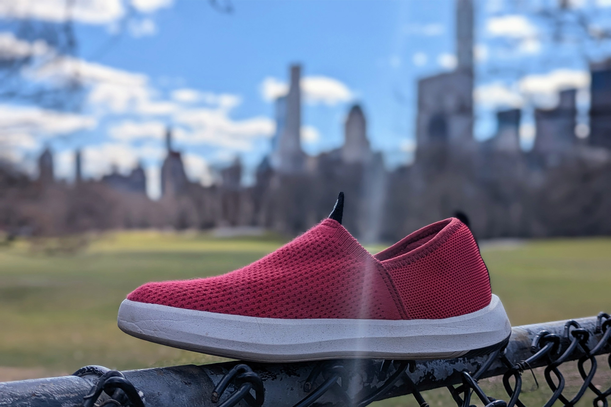Roll Recovery Superplush Classic Women's Shoe resting on a fence with city skyline in background