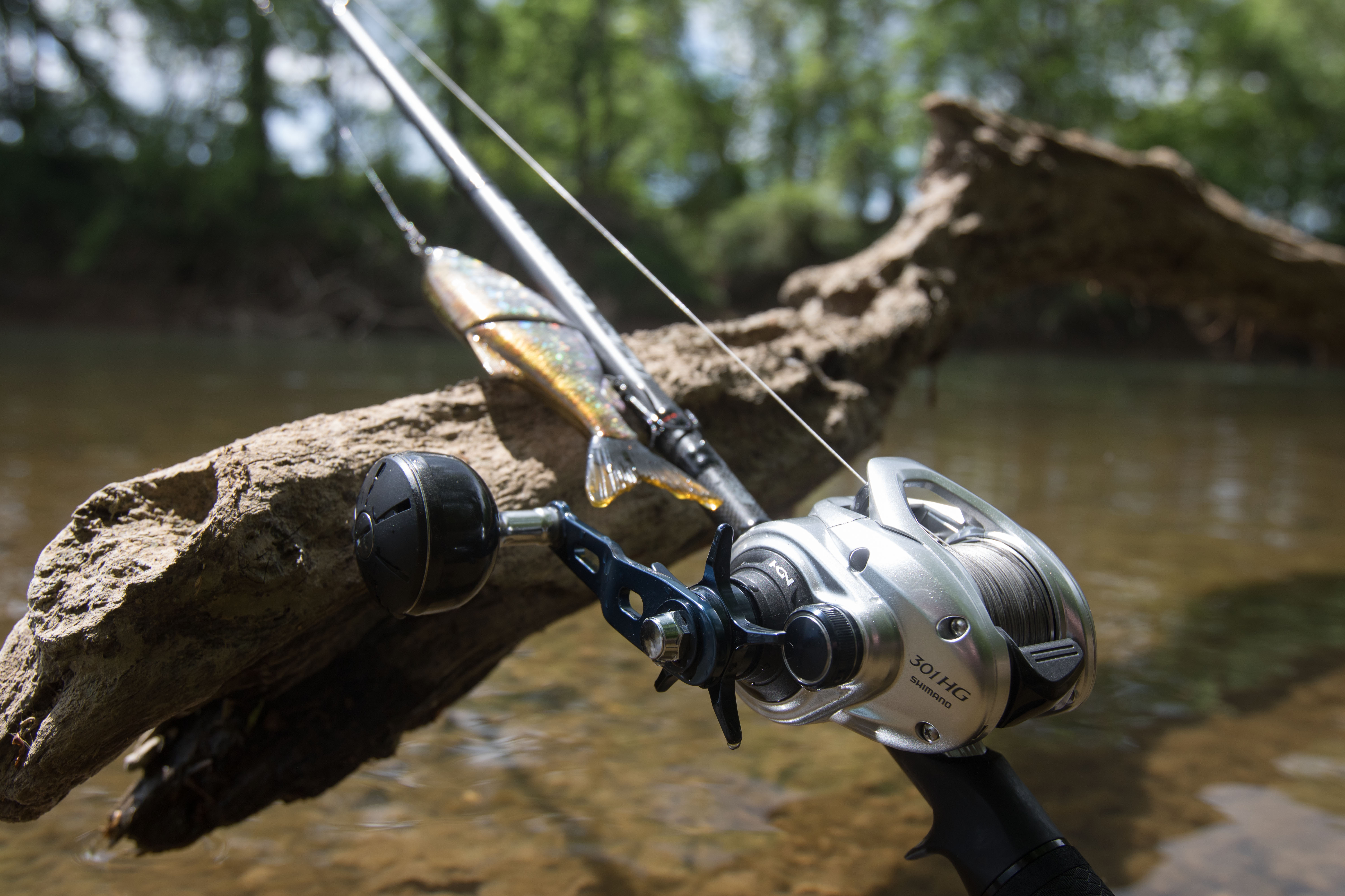 A bass fishing rod and reel leaned against a log.