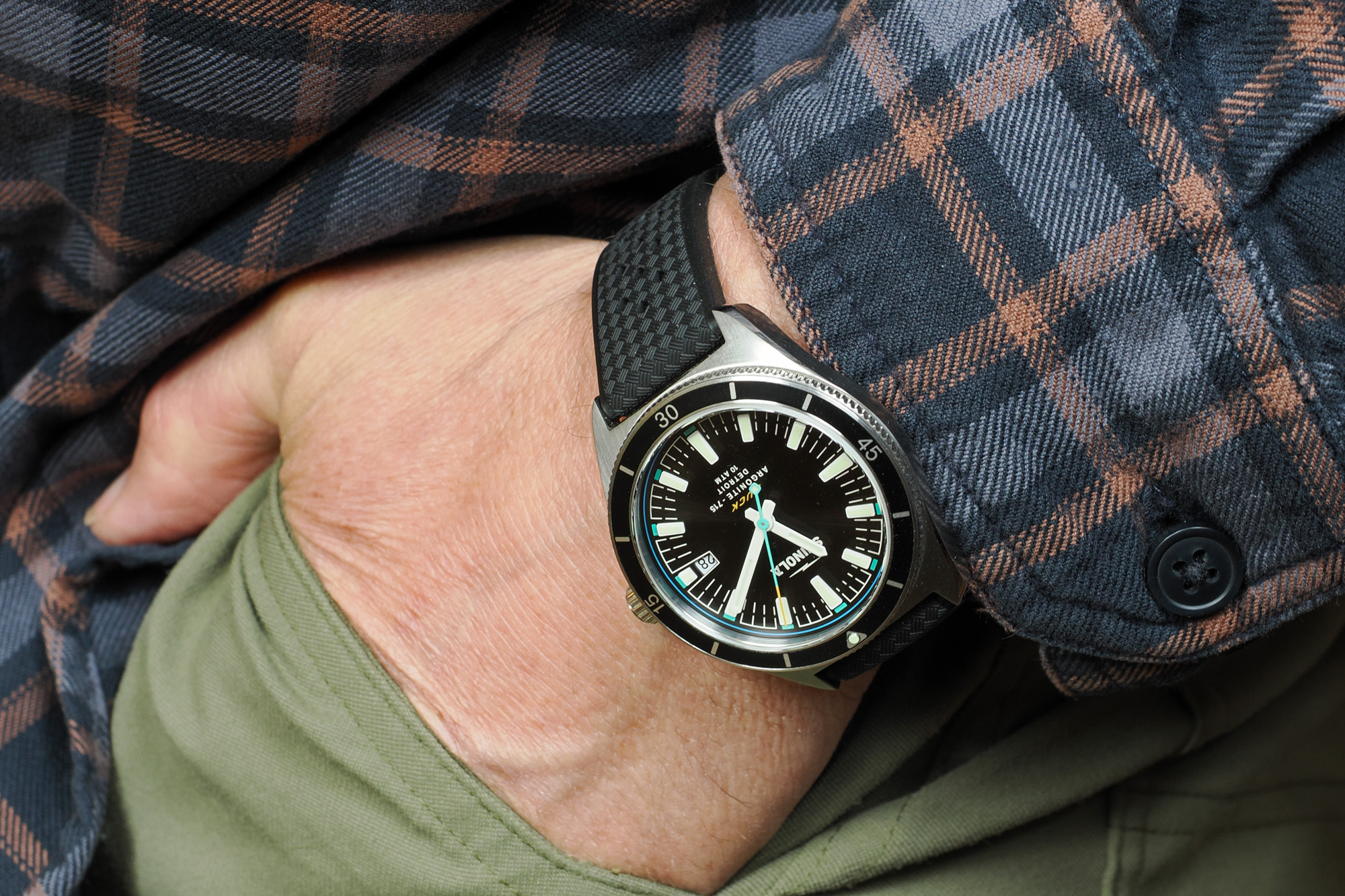 Shinola Duck watch on a wrist, hand in pocket