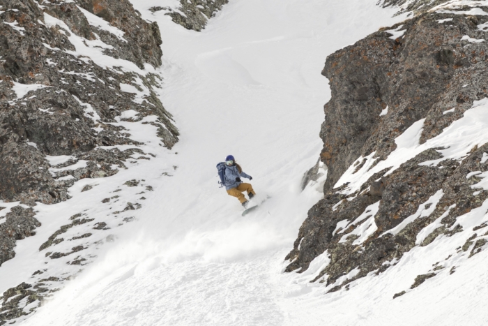 Morgan Tilton testing the Patagonia Women's PowSlayer Jacket; PC Jeff Cricco