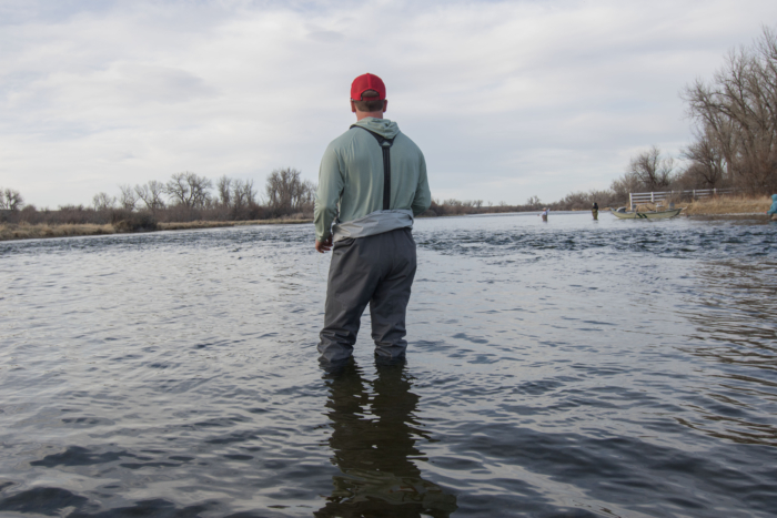 The Simms Flyweight Wader straps converted into the waist high position.