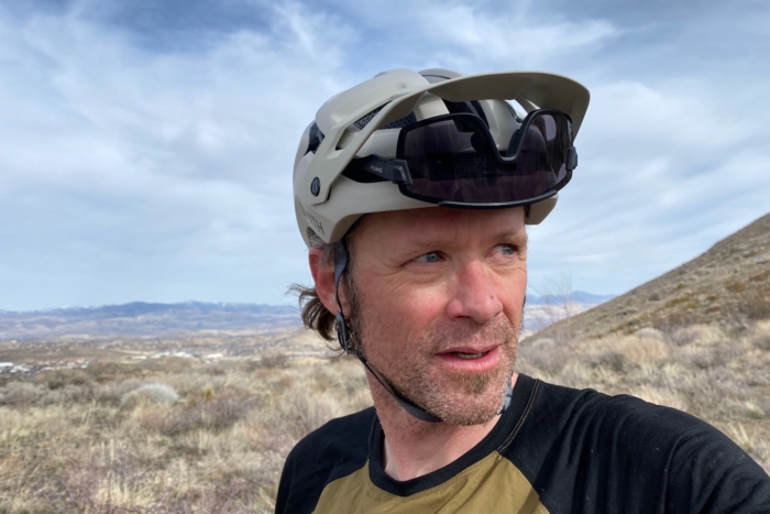 Wearing the Smith Forefront 3 with sunglasses stashed on the front under the visor