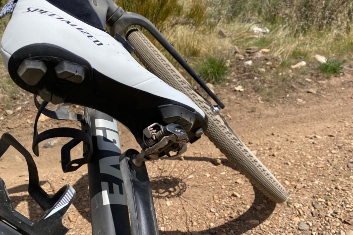 Clipped in to a Shimano pedal while wearing the Recon 1 mountain bike shoes