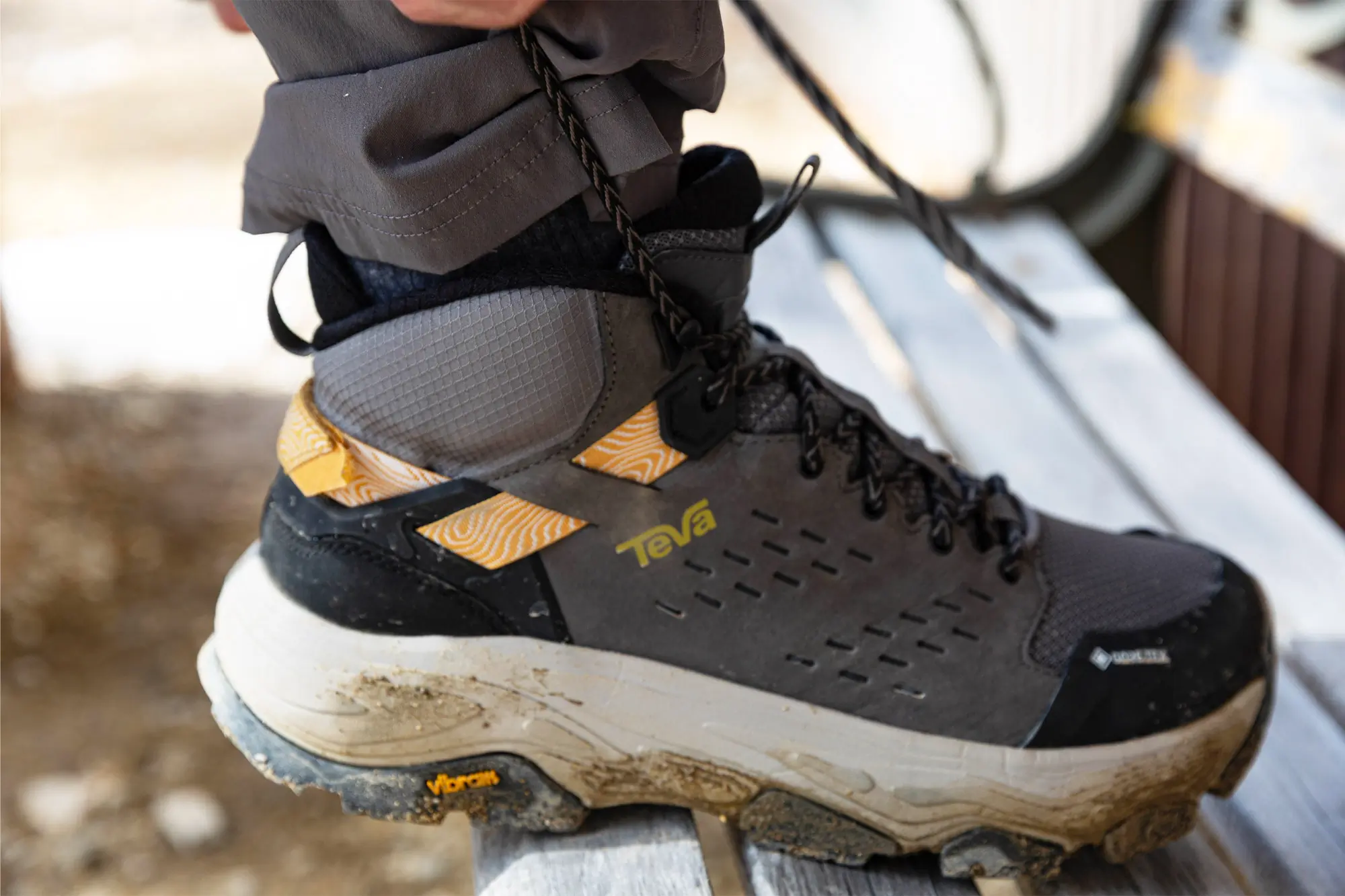 Teva Grandview Max GTX hiking boot being laced before a hike