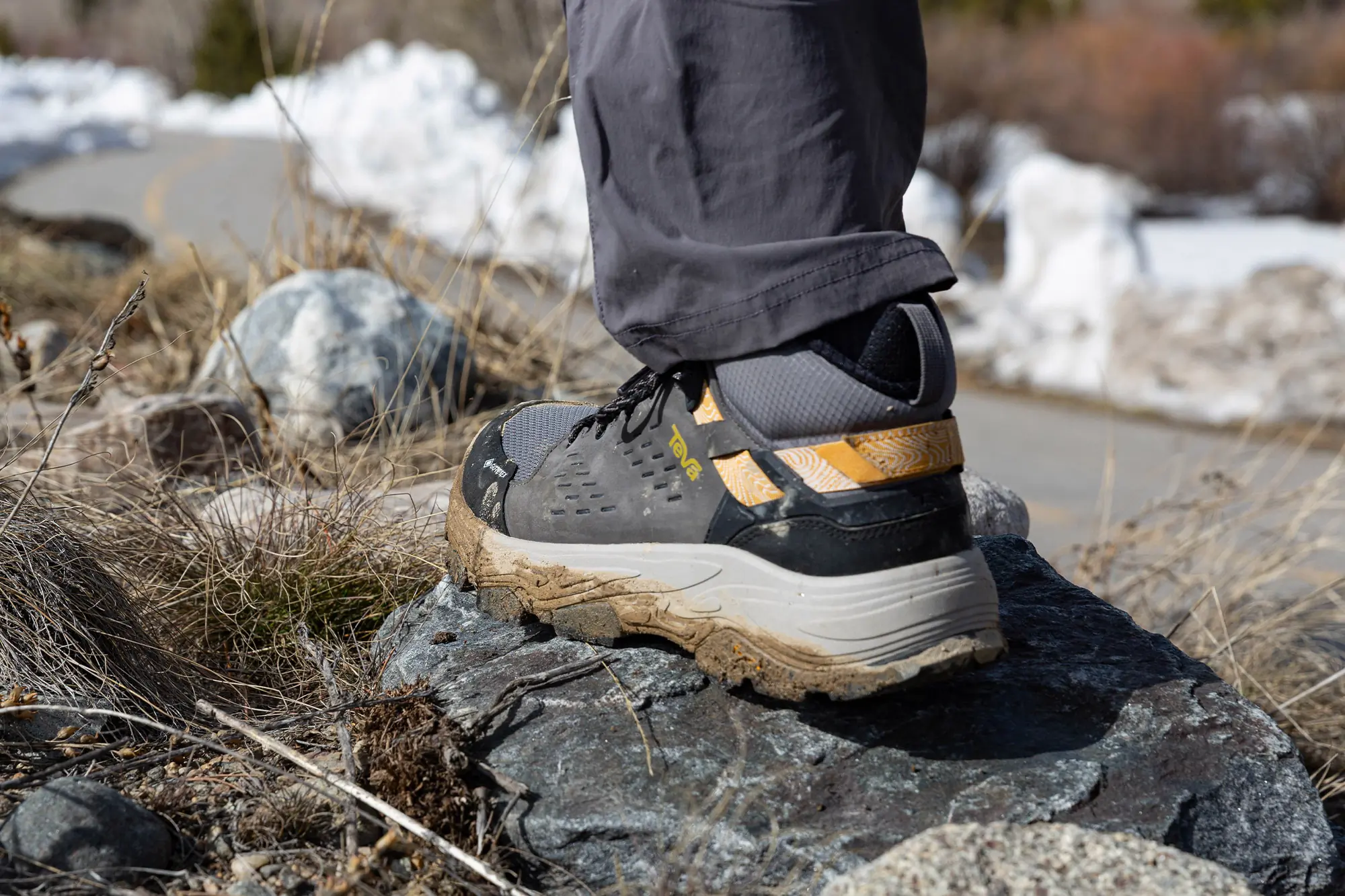 Teva Grandview Max GTX hiking boot standing on a rock in a dry alpine area