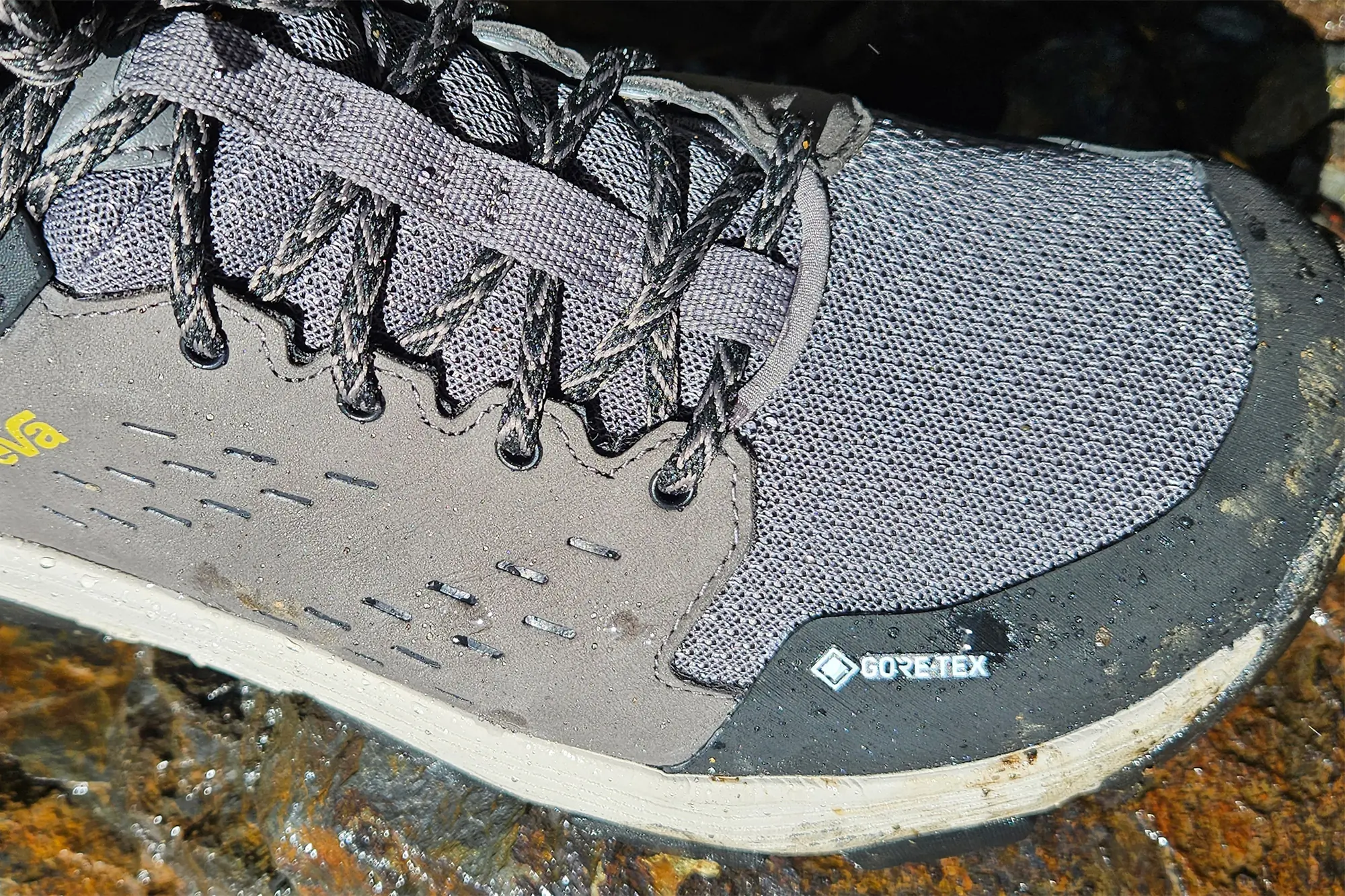 Teva Grandview Max GTX hiking boot close-up with water droplets on the toe