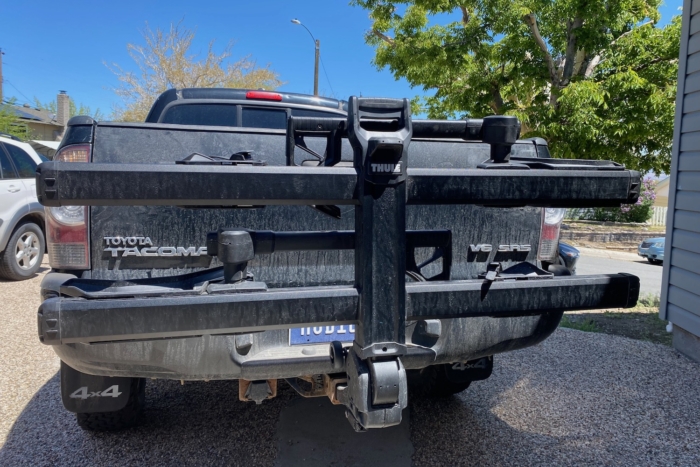 The Thule Verse hitch bike rack folded up when not in use