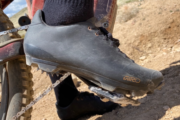 The Giro Empire SRC shoe clipped into a mountain bike pedal