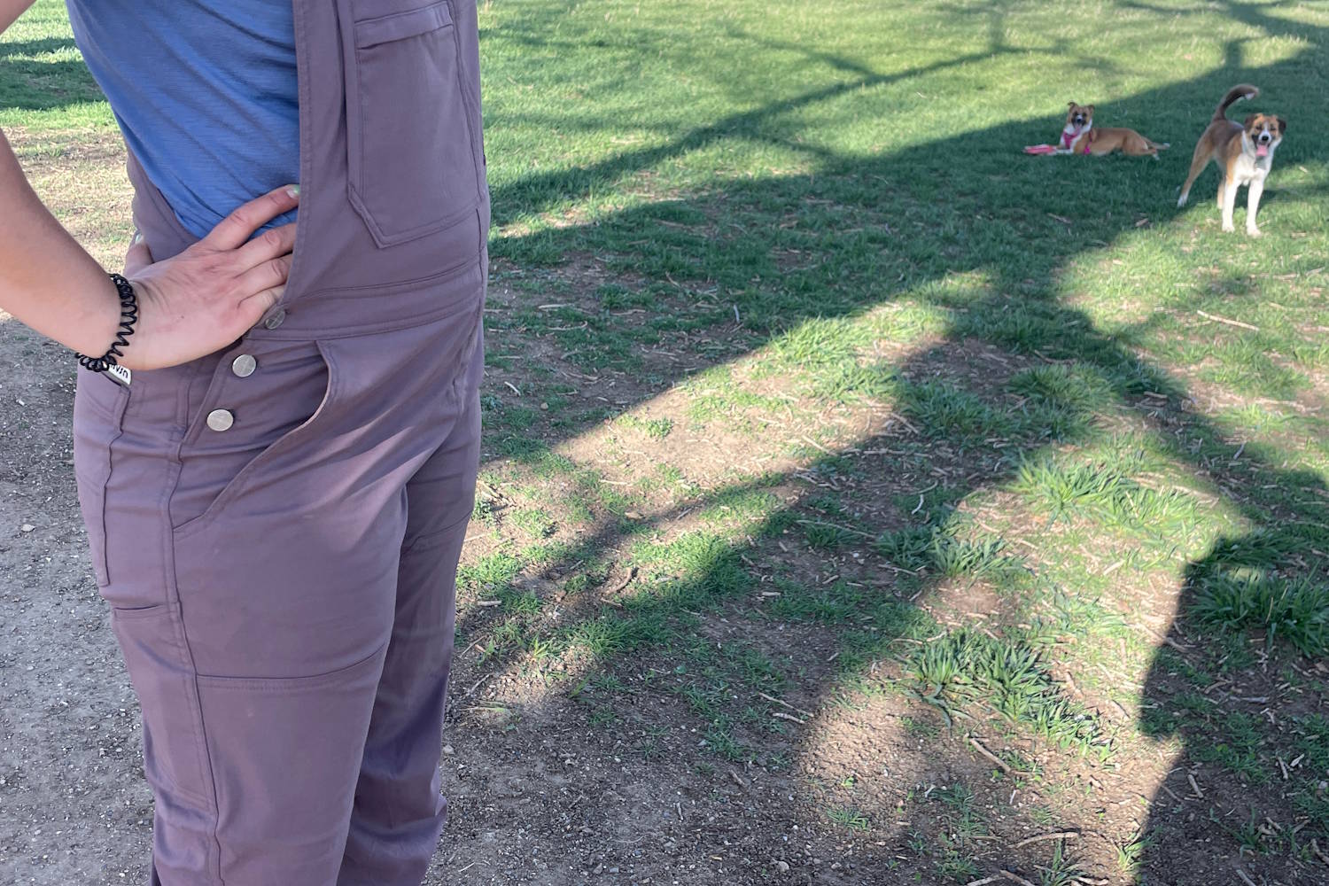 Close-up of Grana ecotrek overalls with multiple pockets