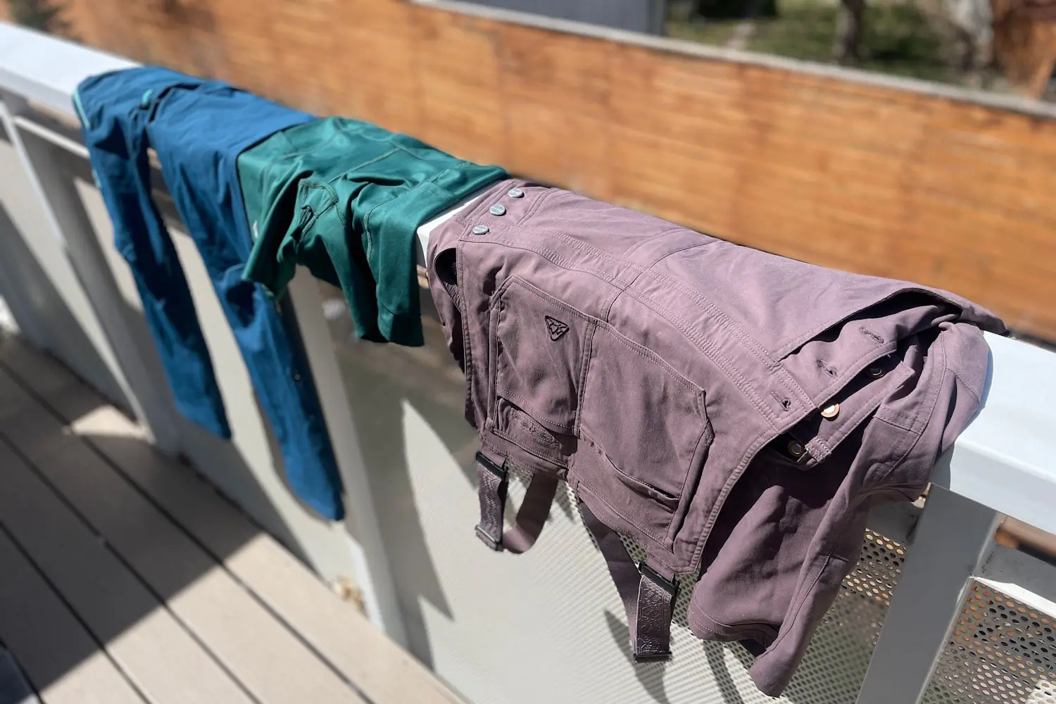 Gnara bottoms drying on a sunny balcony railing