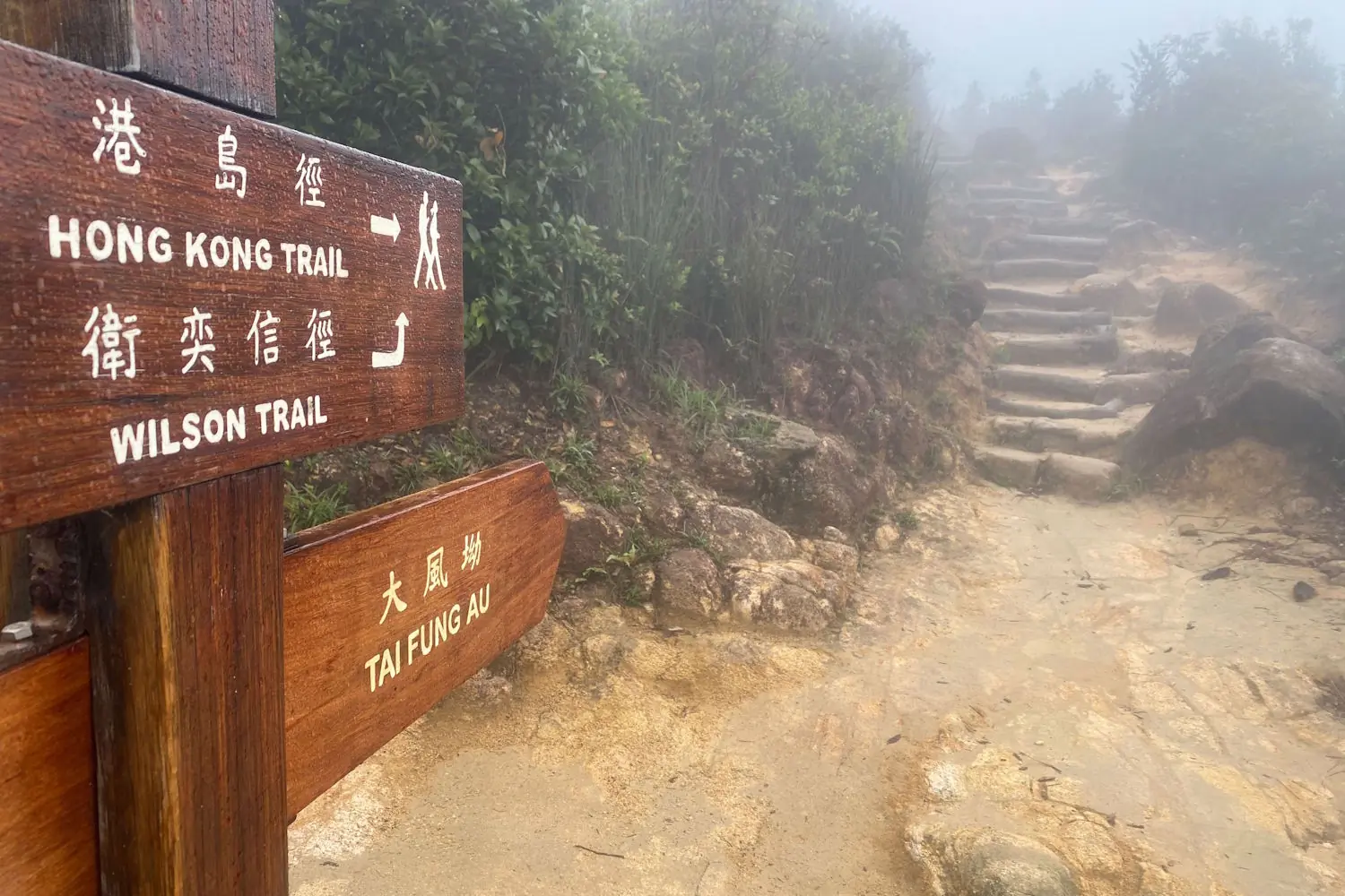 Trail signs at a misty hiking path in Hong Kong.
