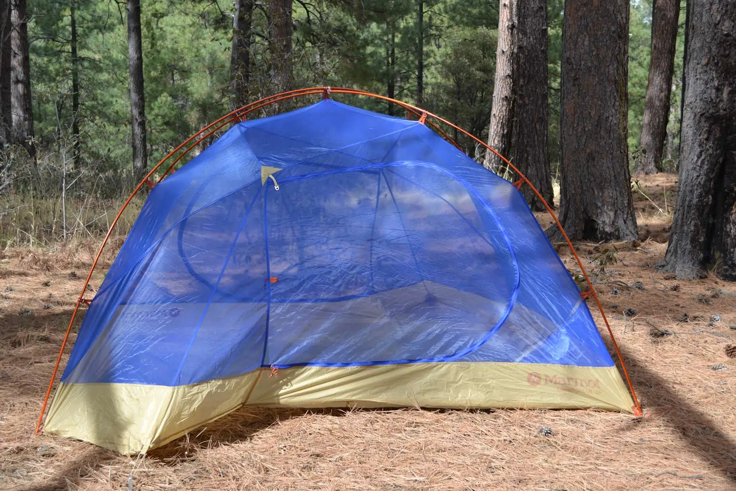 A Marmot Limelight UL tent set up at a campsite