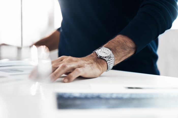 Roger Federer wears a Land-Dweller 40 in a white Rolesor version