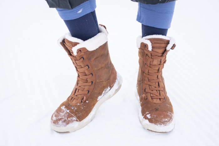 Women testing stio colters boot in snow