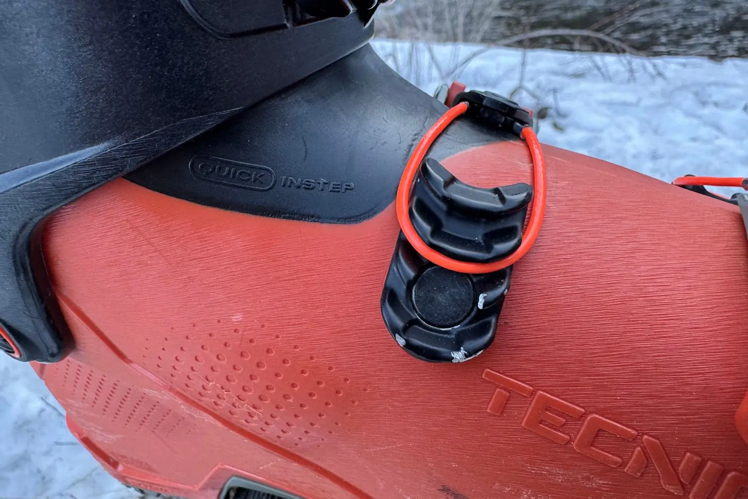 Close-up of the Quick Instep section and buckle system of a Tecnica ski boot