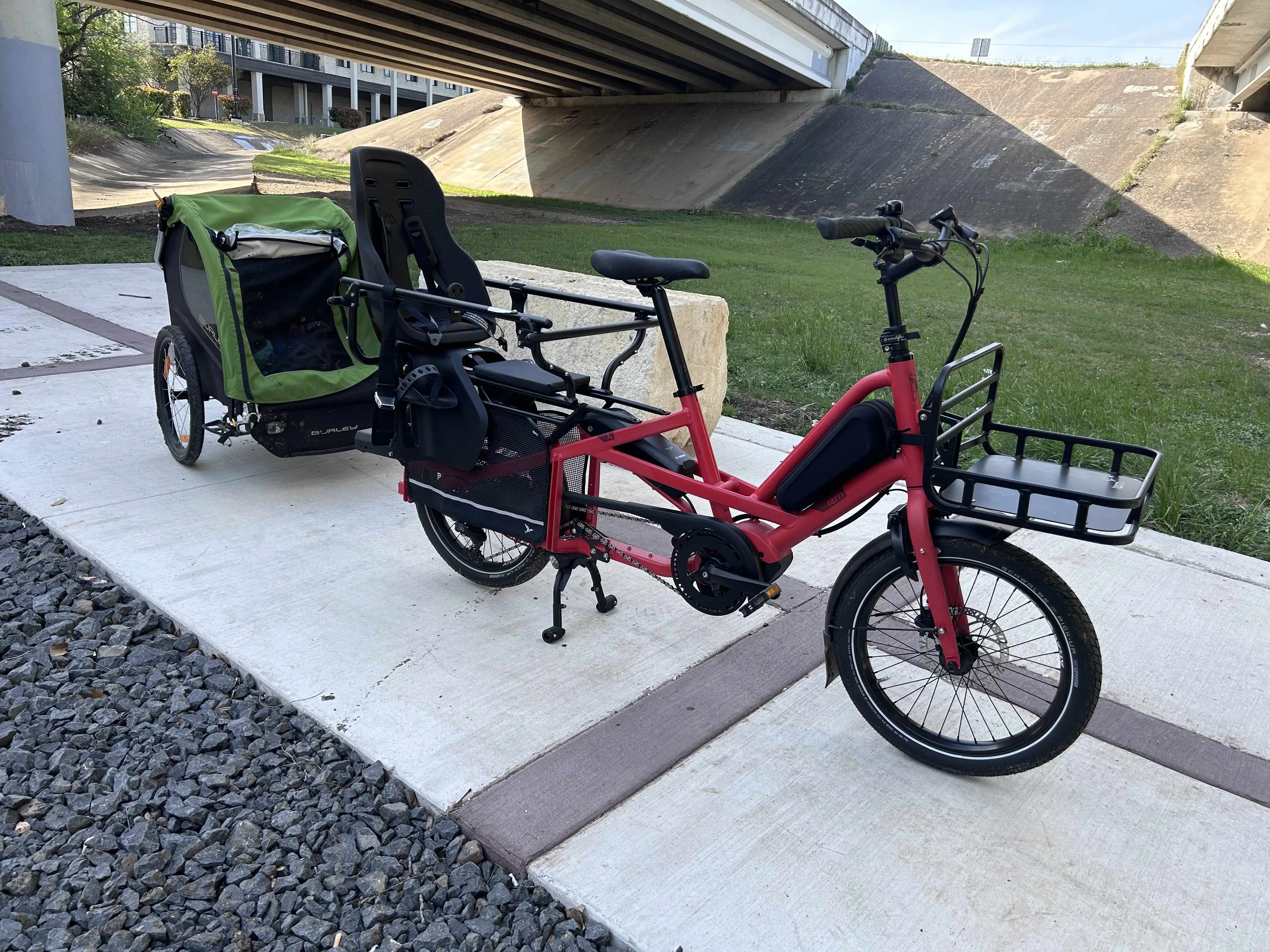 Tern Quick Haul Long with Burley trailer and Thule seat.