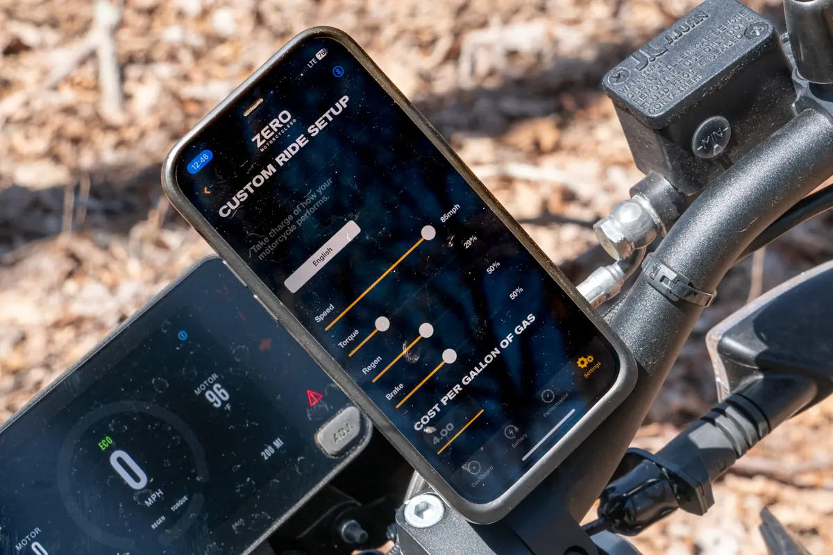 The Zero FX electric motorcycle's smartphone app displaying the custom ride setup with settings for speed, torque, and regen