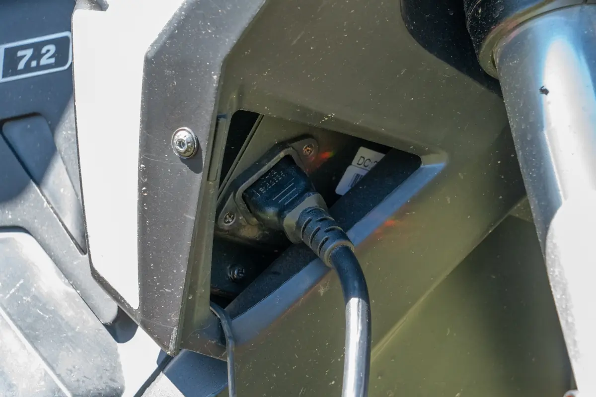 The charging port on the Zero FX electric motorcycle, showing the connection for recharging the battery