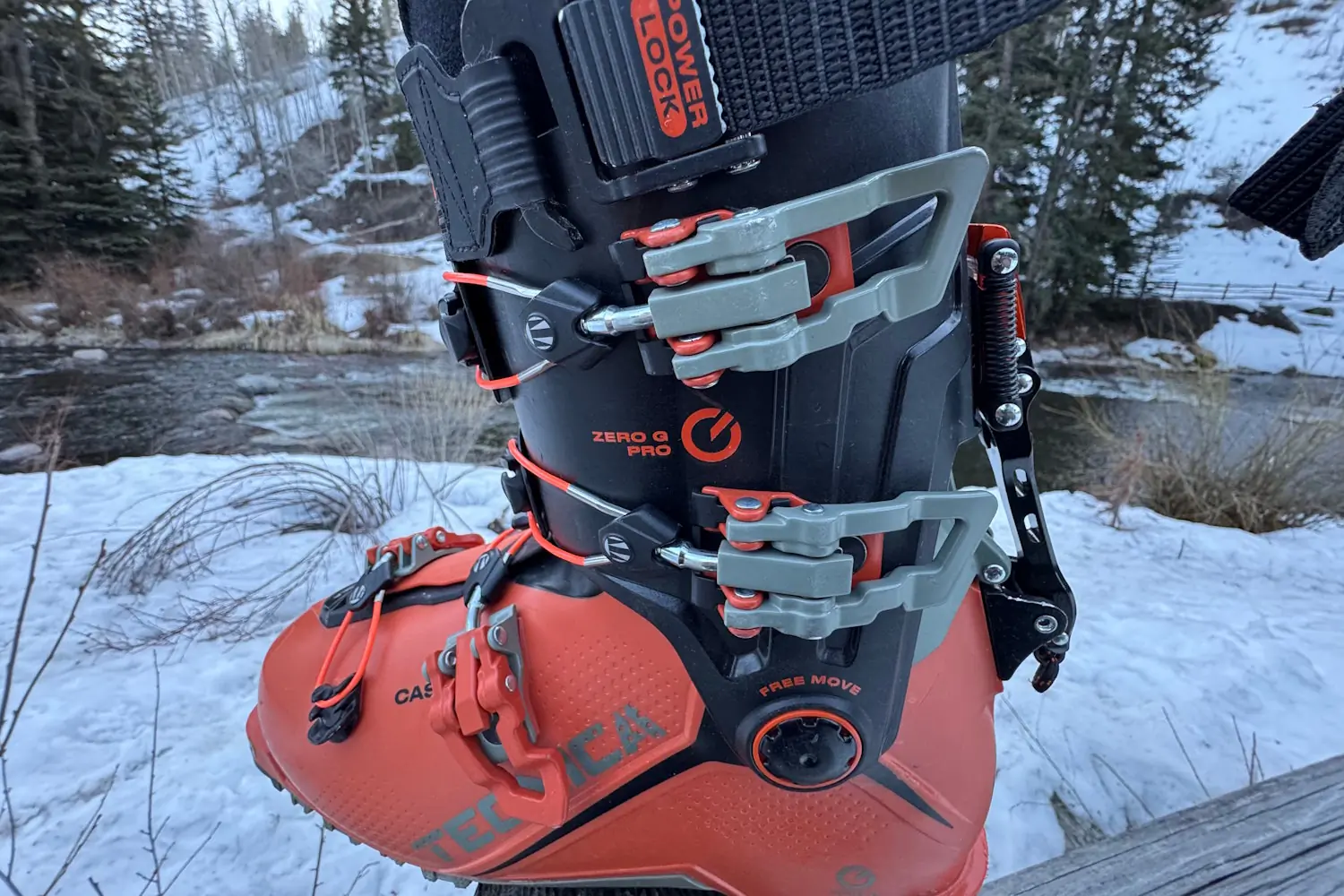 Detailed view of the buckles and fastening system on the Tecnica Zero G Tour Pro boot.