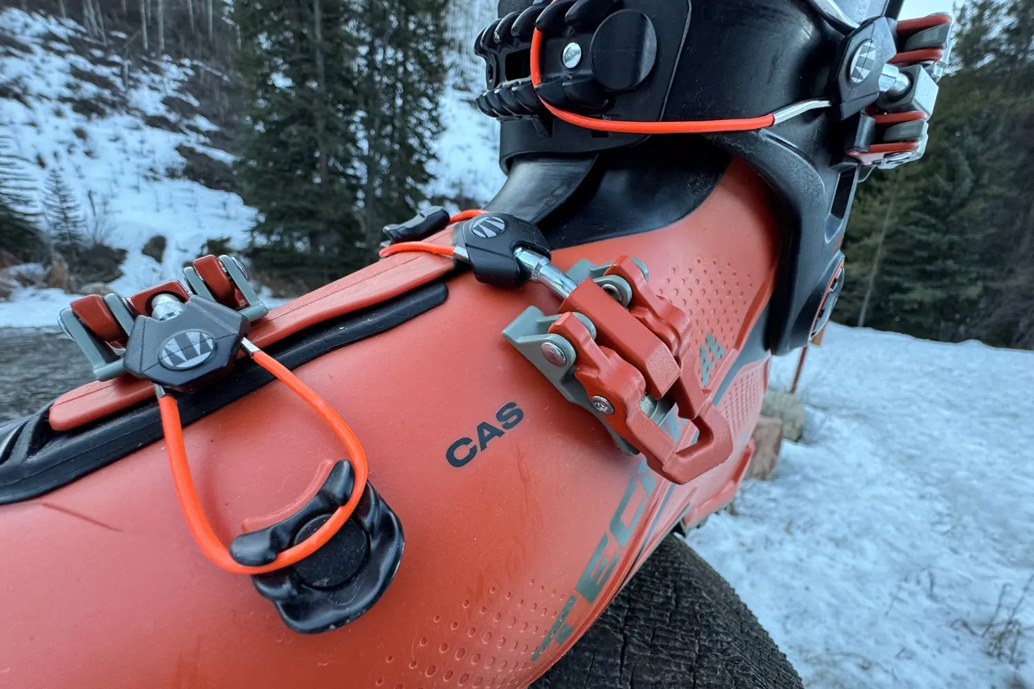 Close-up of the Tecnica Zero G Tour Pro boot showcasing its fit and design