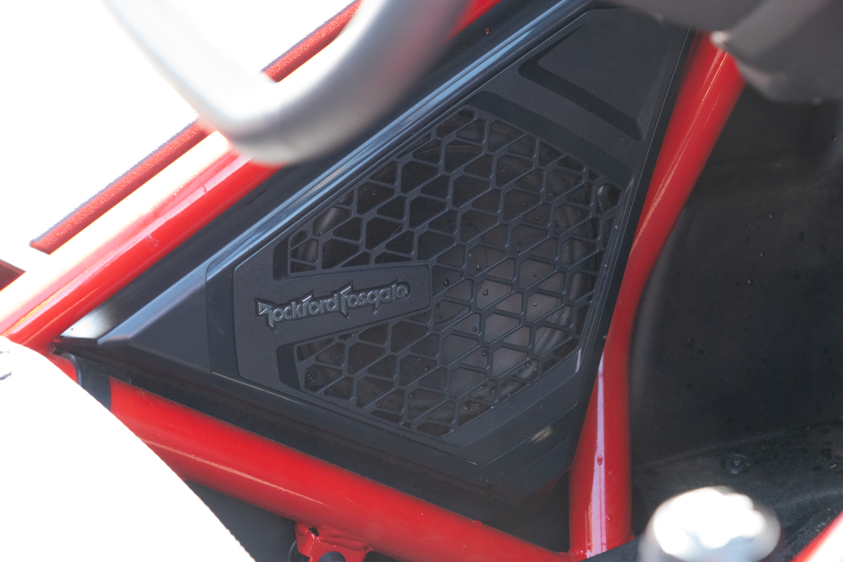 Polaris Slingshot R close-up of the Rockford Fosgate speaker mounted in the interior panel