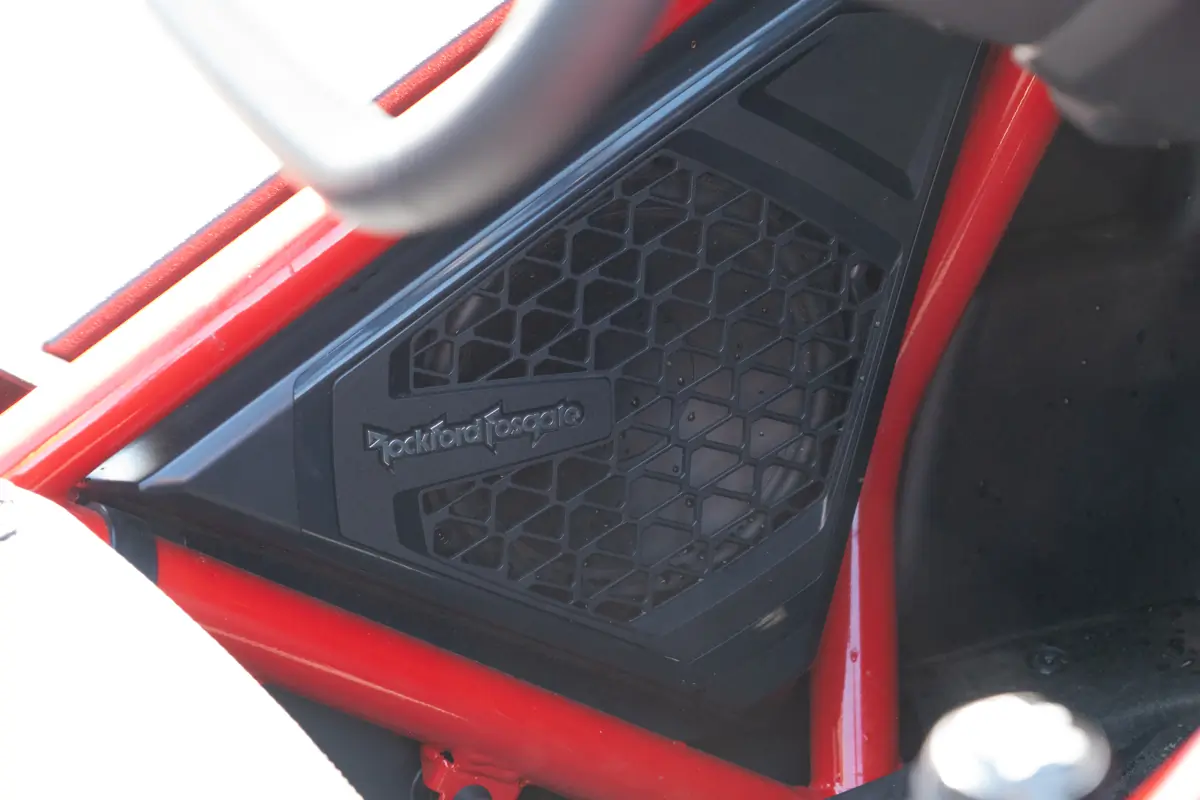 Polaris Slingshot R close-up of the Rockford Fosgate speaker mounted in the interior panel