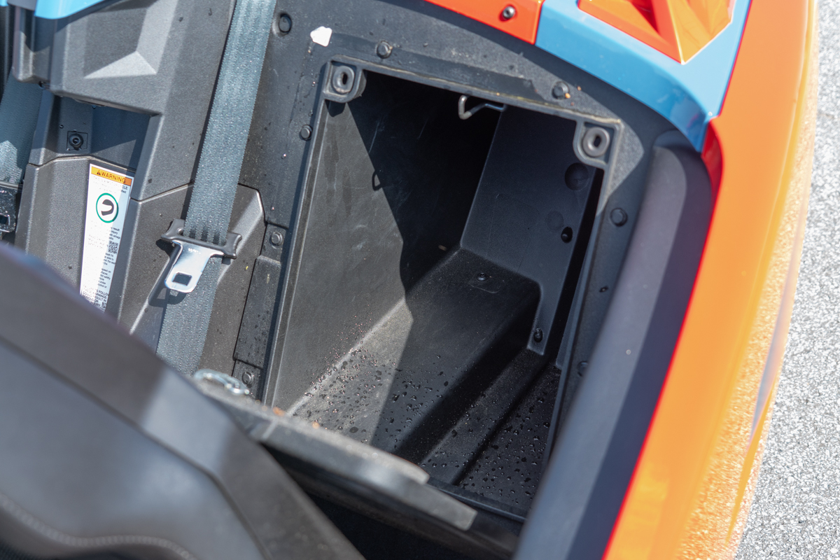Polaris Slingshot R interior storage compartment located behind the seat