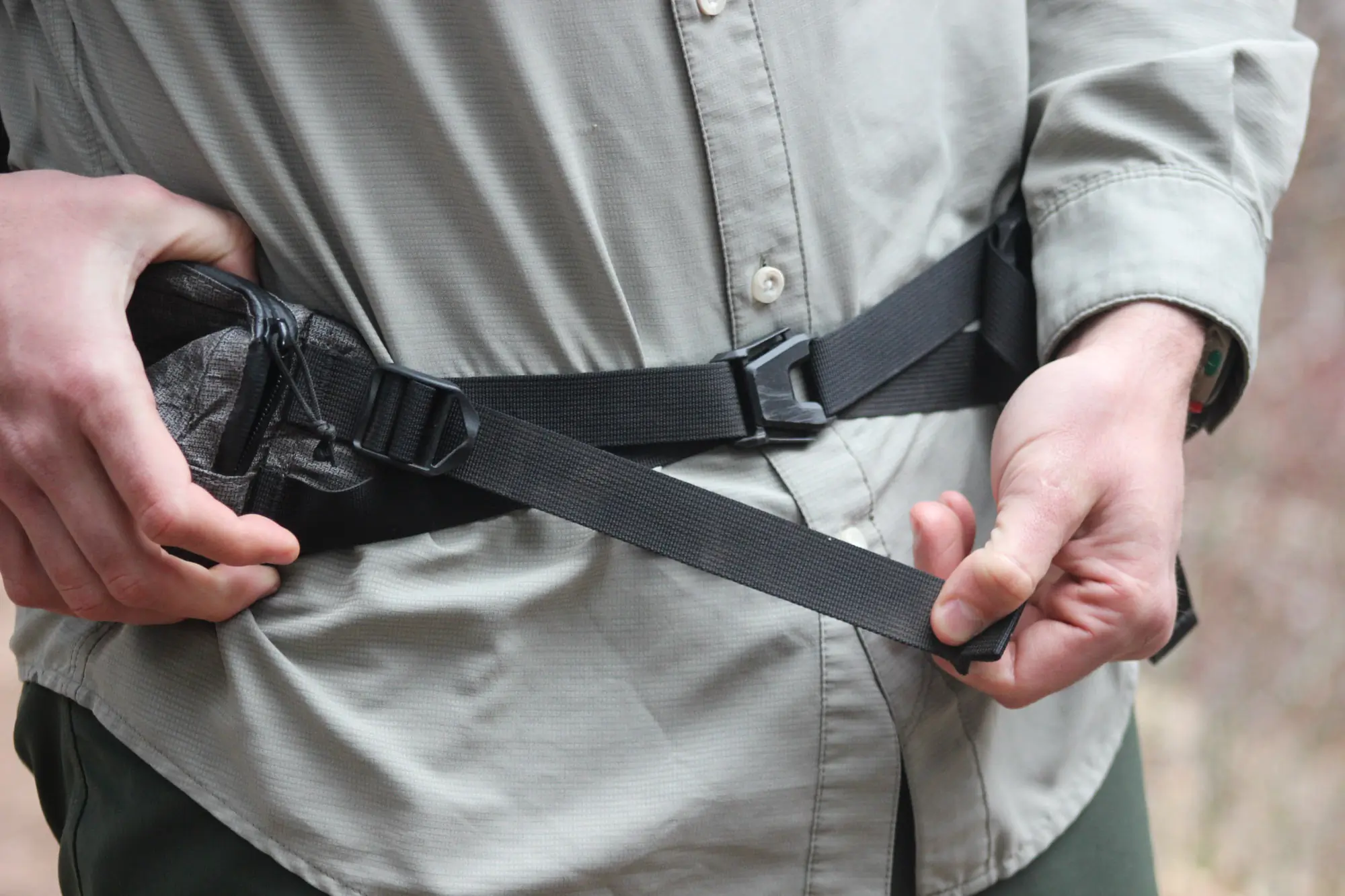 a tight shot of the kakwa hip belt, which is dual-adjust
