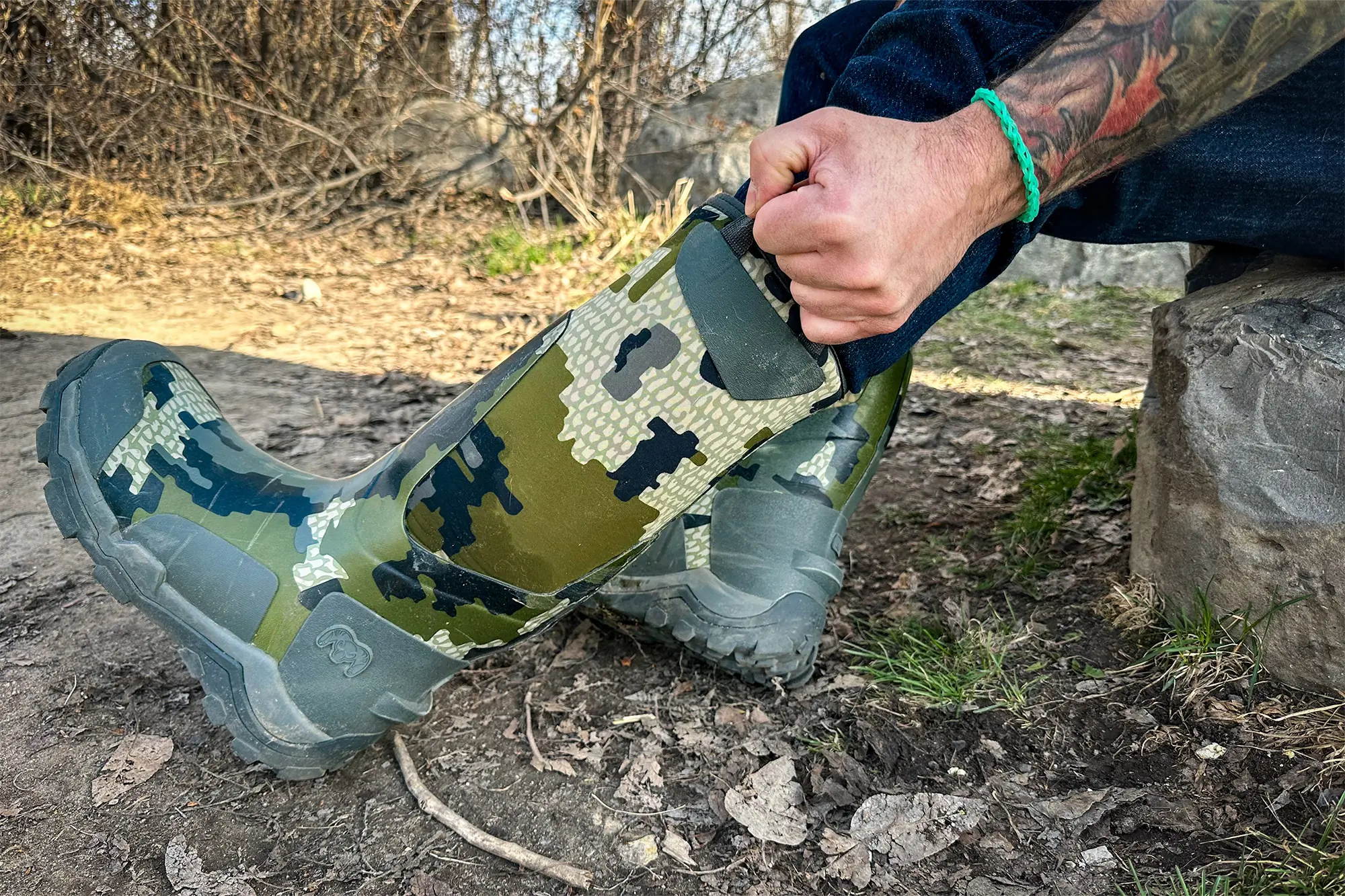 Pulling on the KUIU HD Mud Boot by the handle