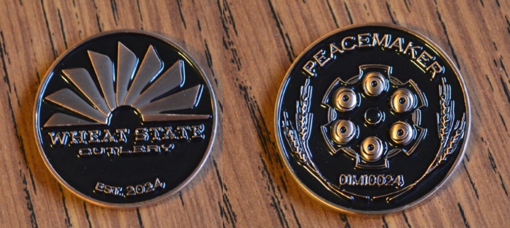Wheat State Cutlery Peacemaker challenge coins with logo and model number
