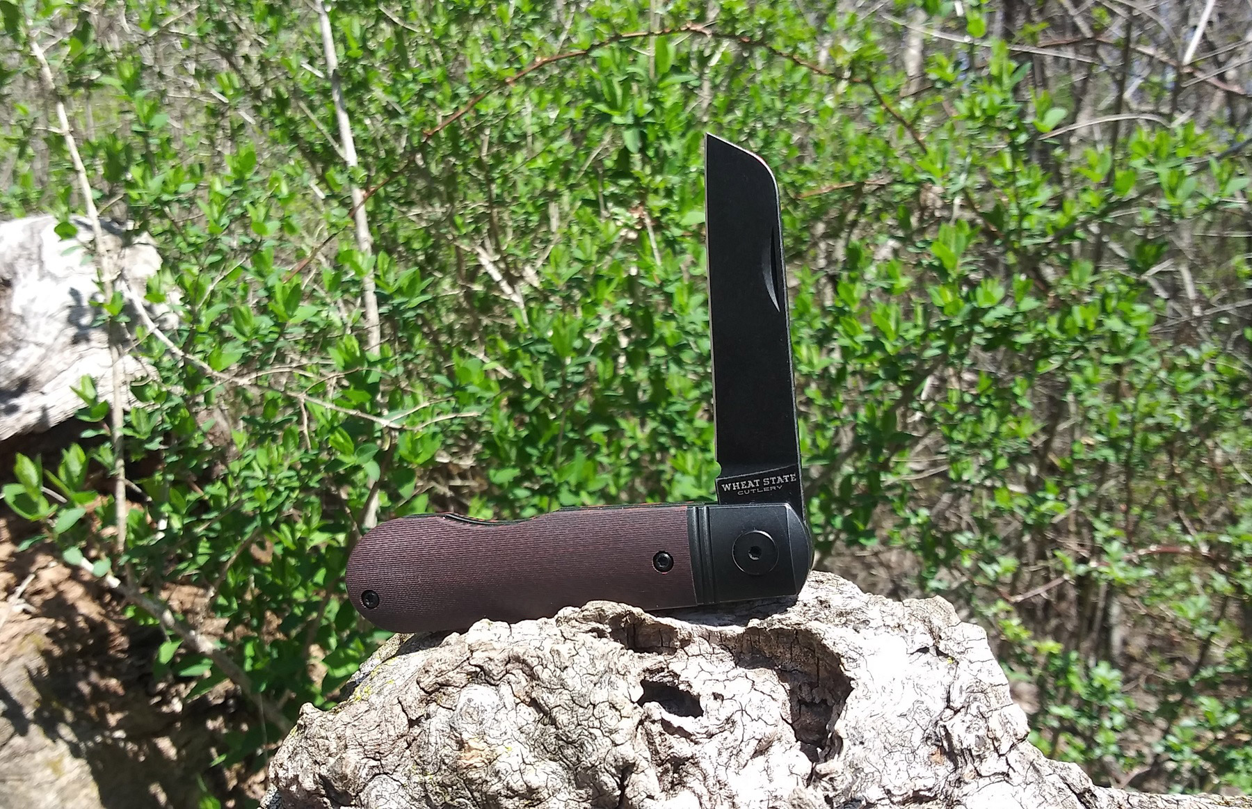 Wheat State Cutlery Peacemaker open on a tree stump