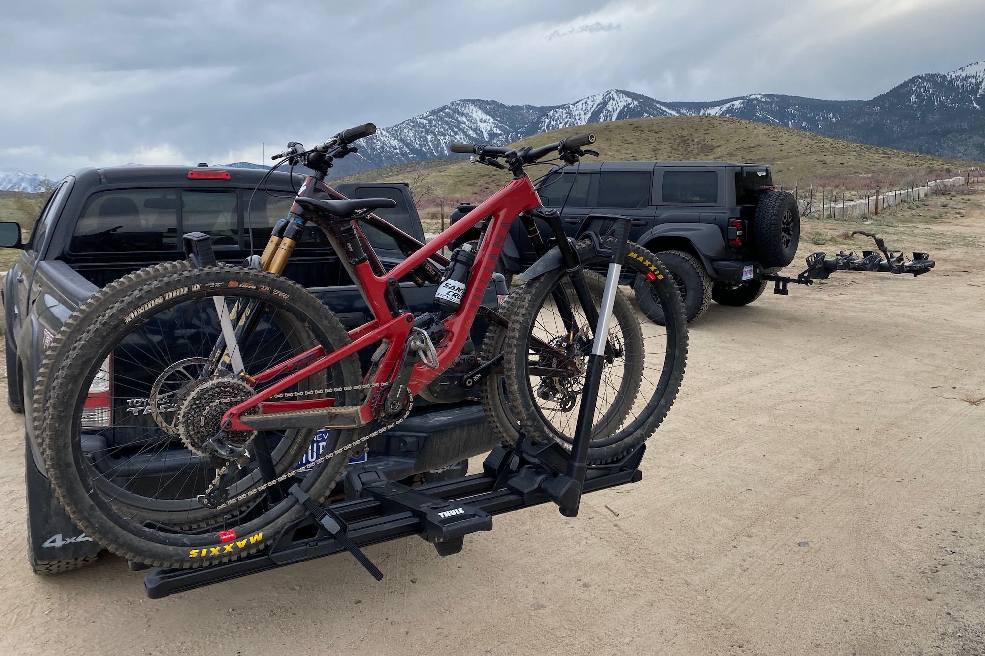 Parked at a trailhead with 2 mountain bikes loaded on the Tule Verse rack