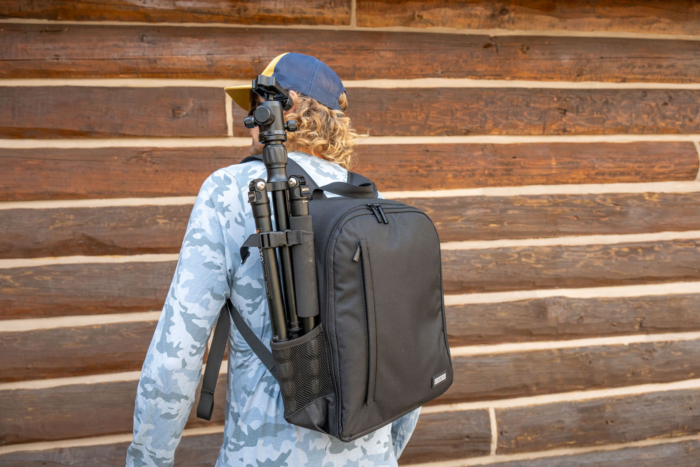 CADeN Camera Backpack utilizing tripod attachment.