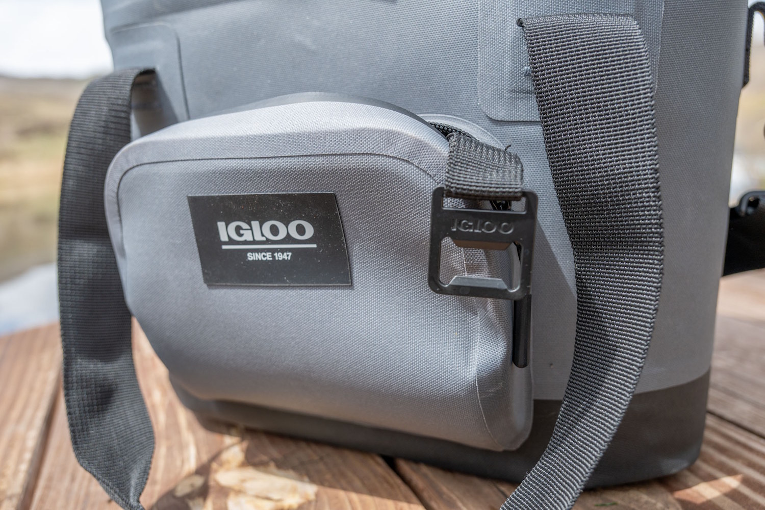 Close-up of Grey Igloo Cooler with Logo