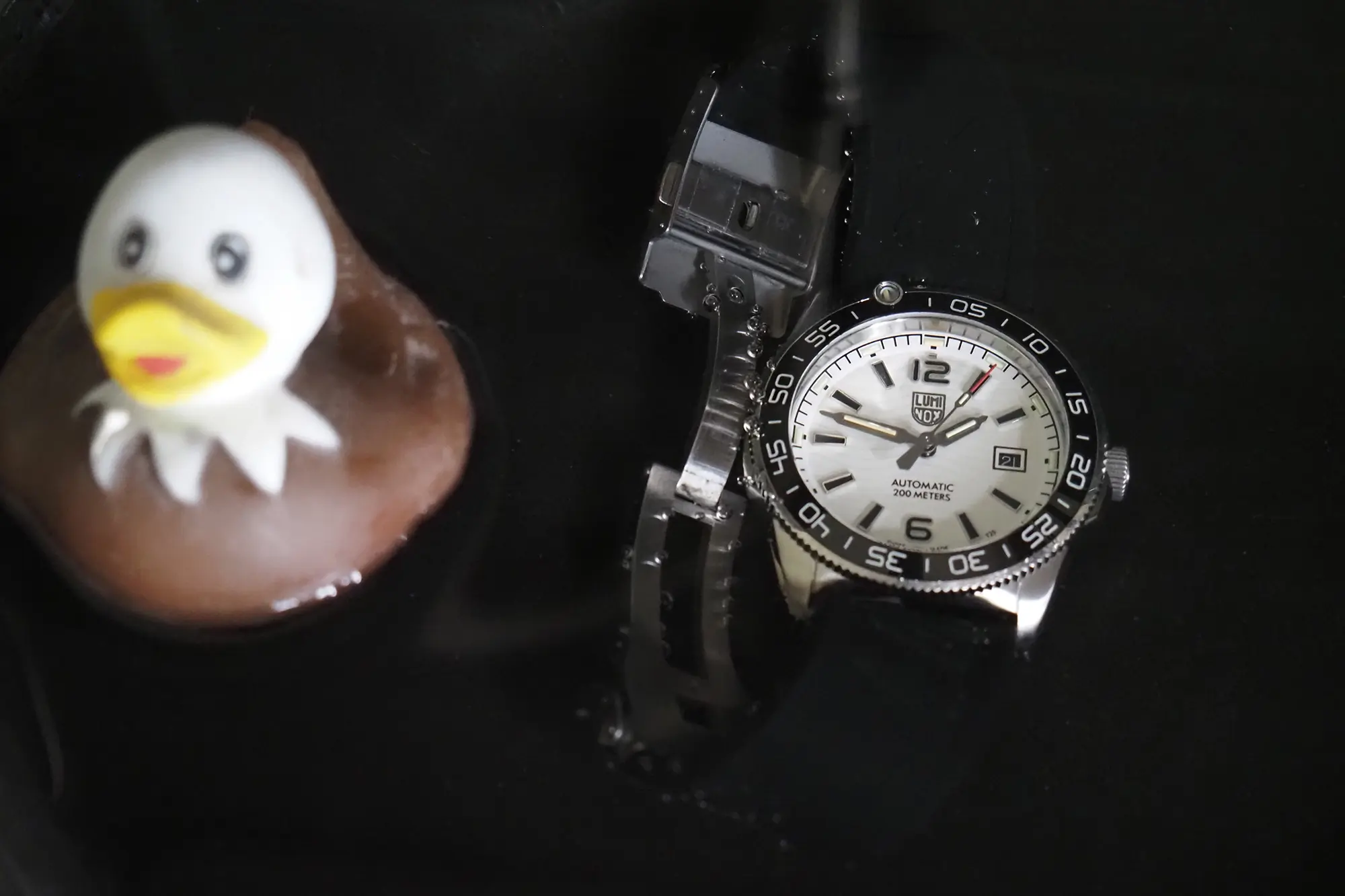 luminox midnight mariner watch underwater next to rubber ducky