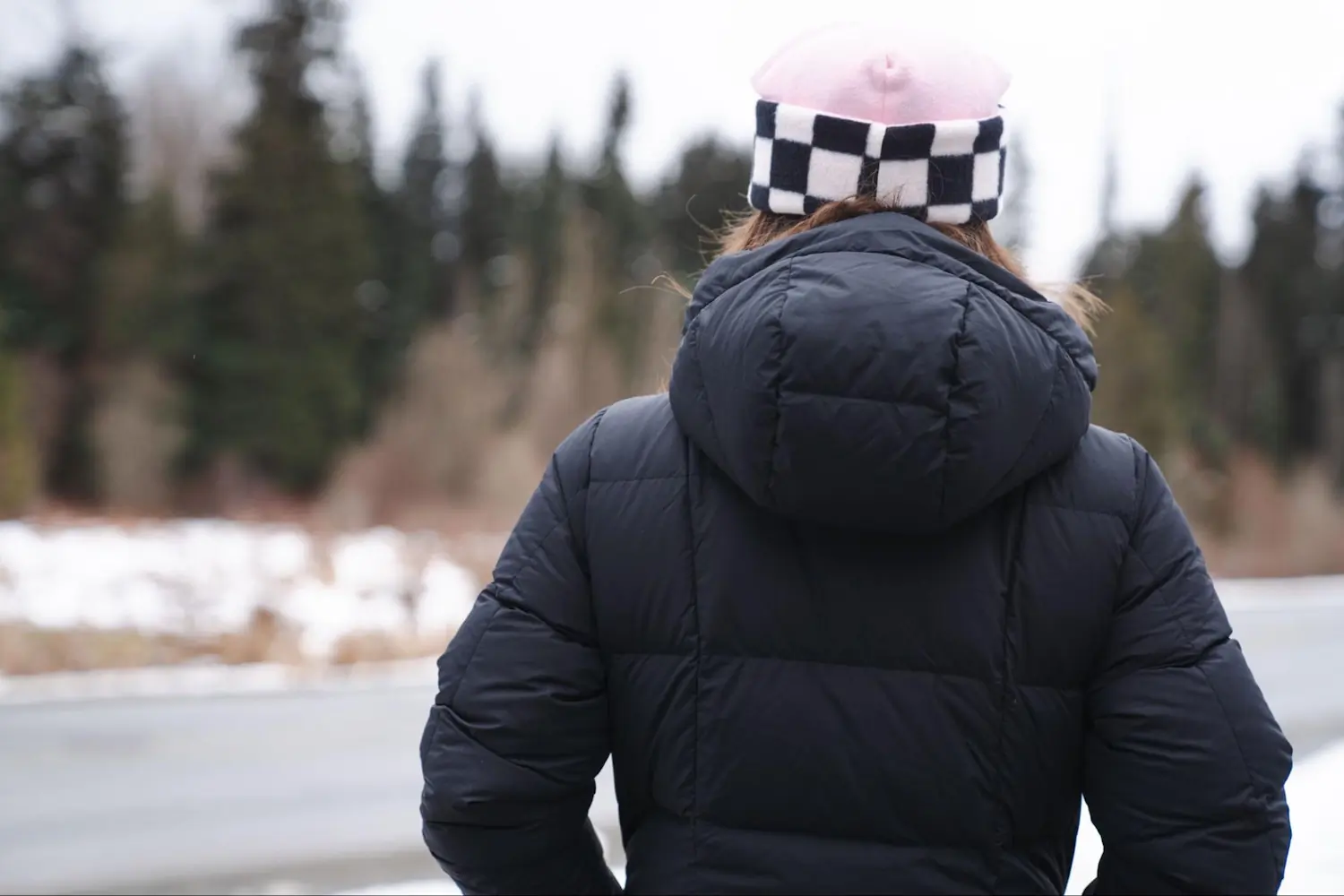 A person wearing an REI Co-op Norseland Down Parka with an attached hood stands facing away