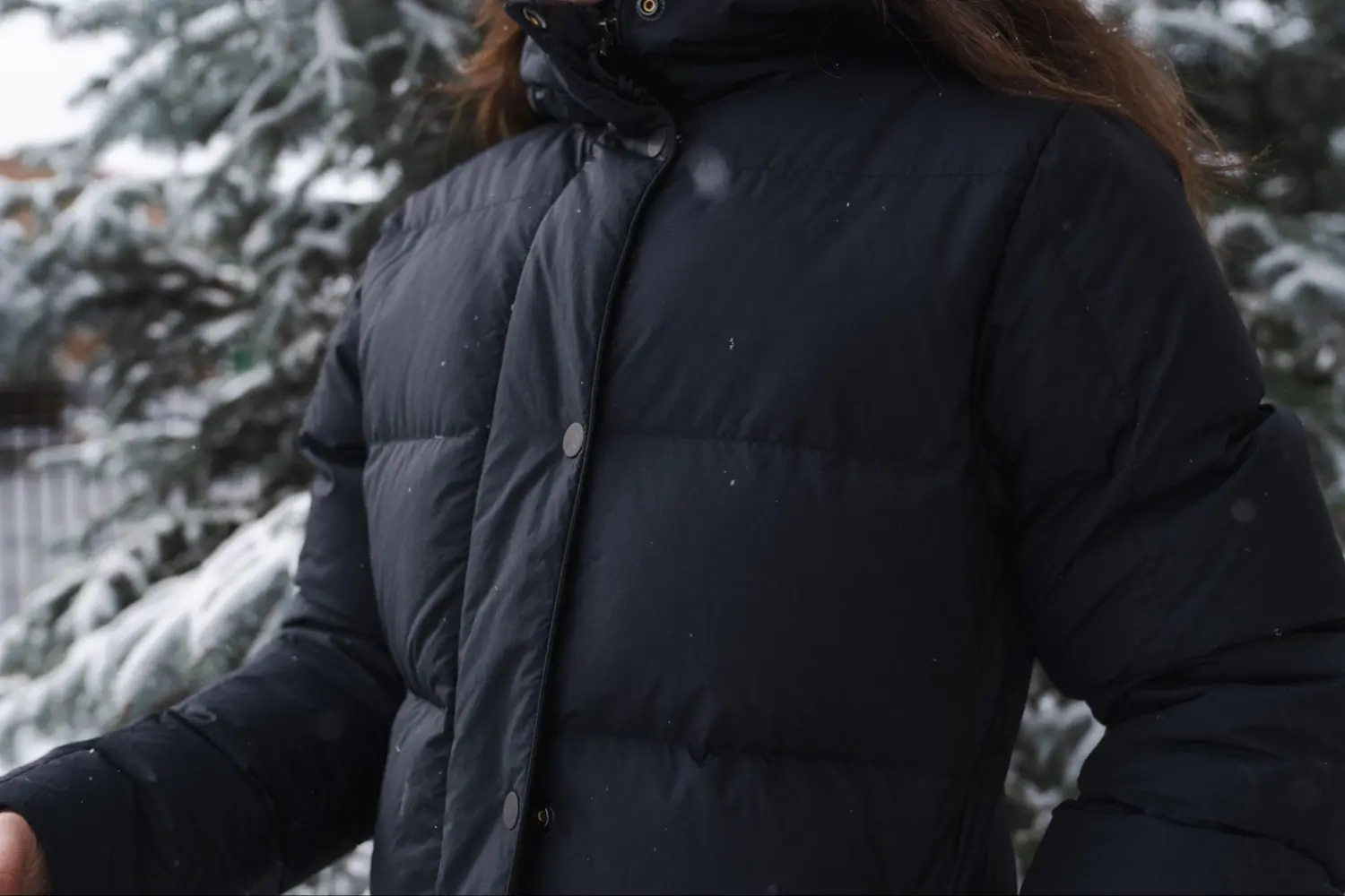 Close-up of REI norseland parka showing snap buttons and a high, padded collar.