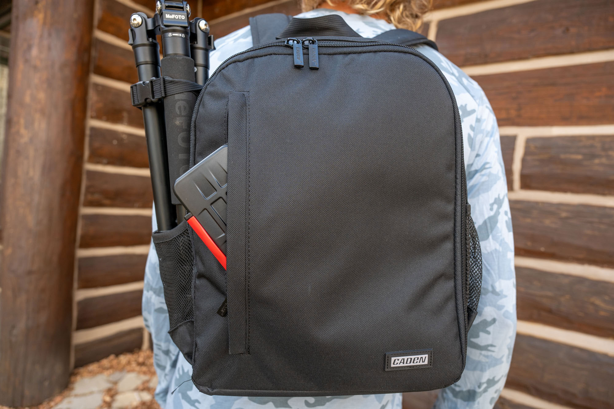 CADeN Camera Backpack on a person's back