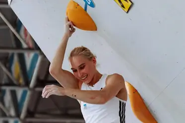 Janja Garnbret competing in bouldering in Innsbruck 2025 World Cup. 