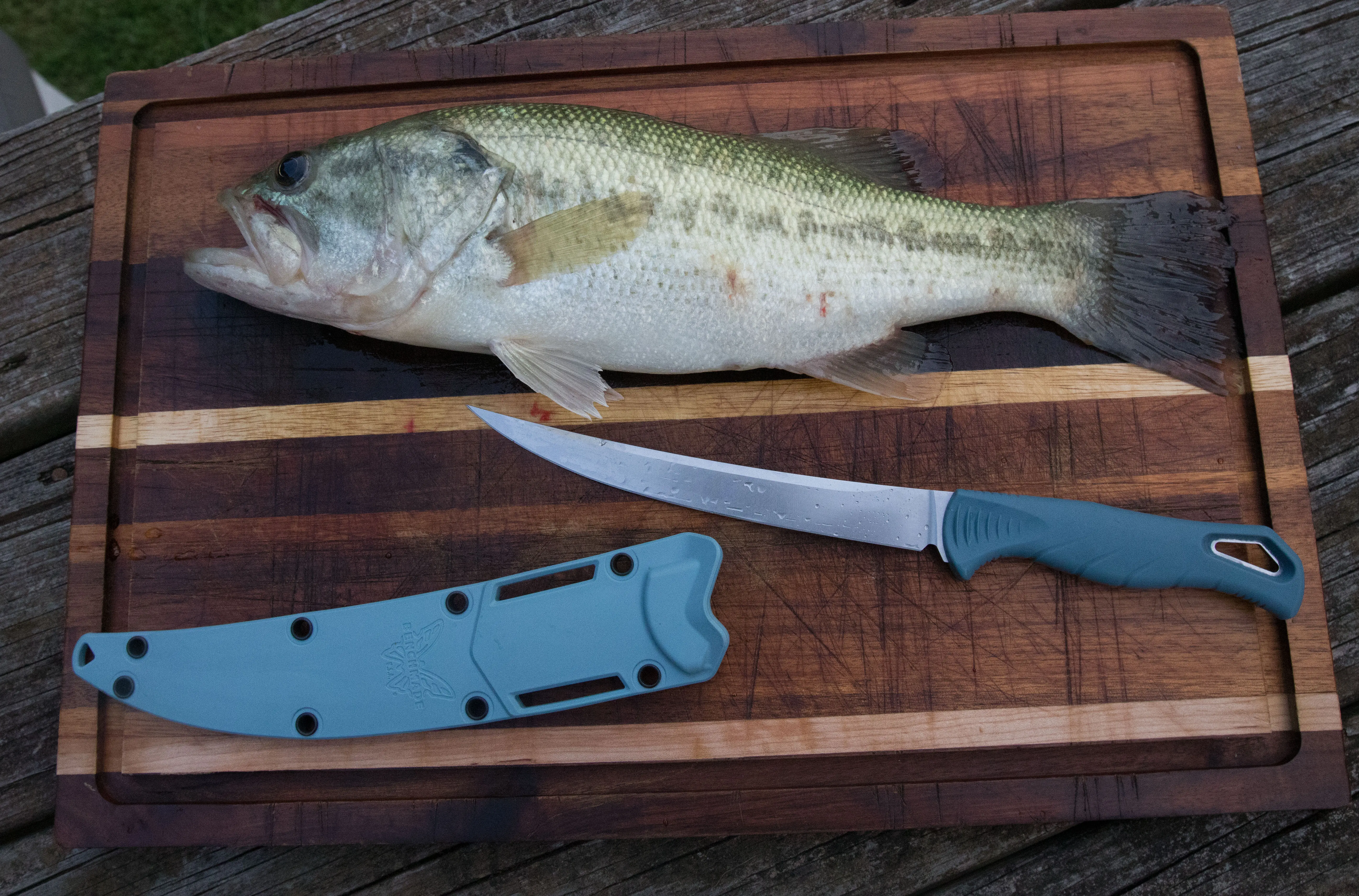 A fish, fillet knife and a bass on a cutting board