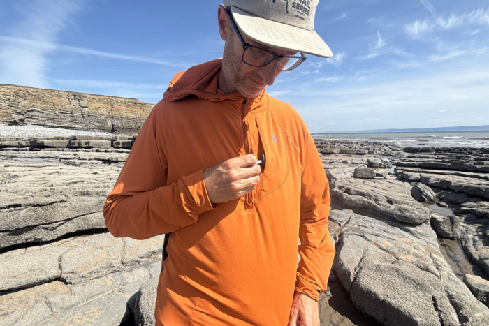 Chest pocket on a Black Diamond Alpenglow Pro Hoody