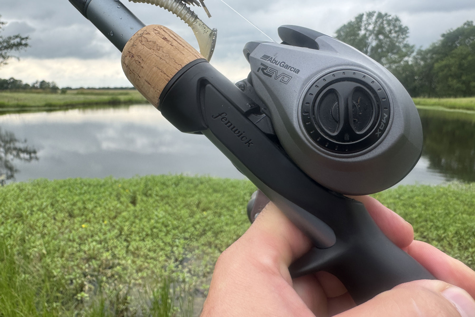 holding the Fenwick Elite Bass Casting Rod