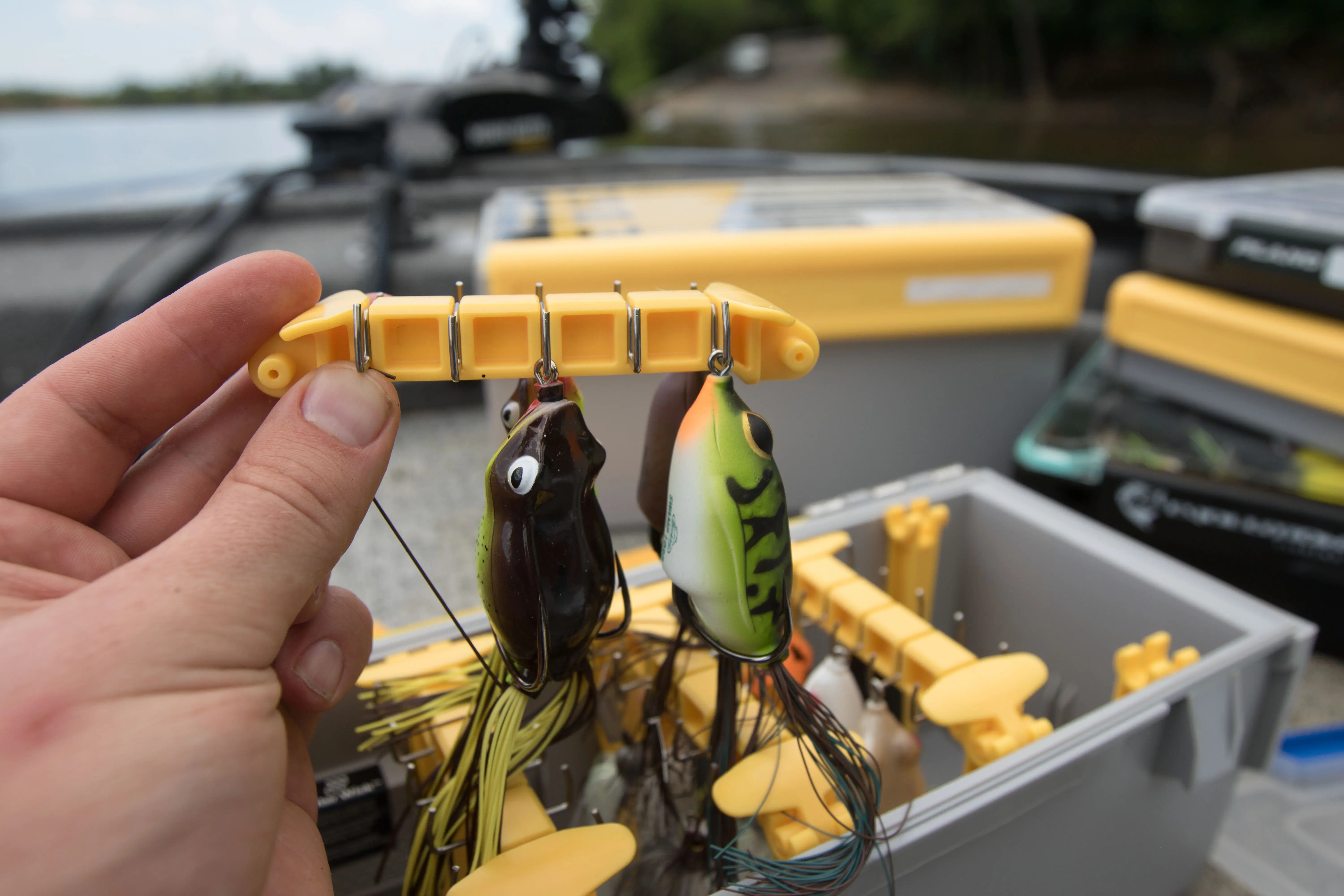Topwater frogs on the hanger that comes with the Plano Frog Box