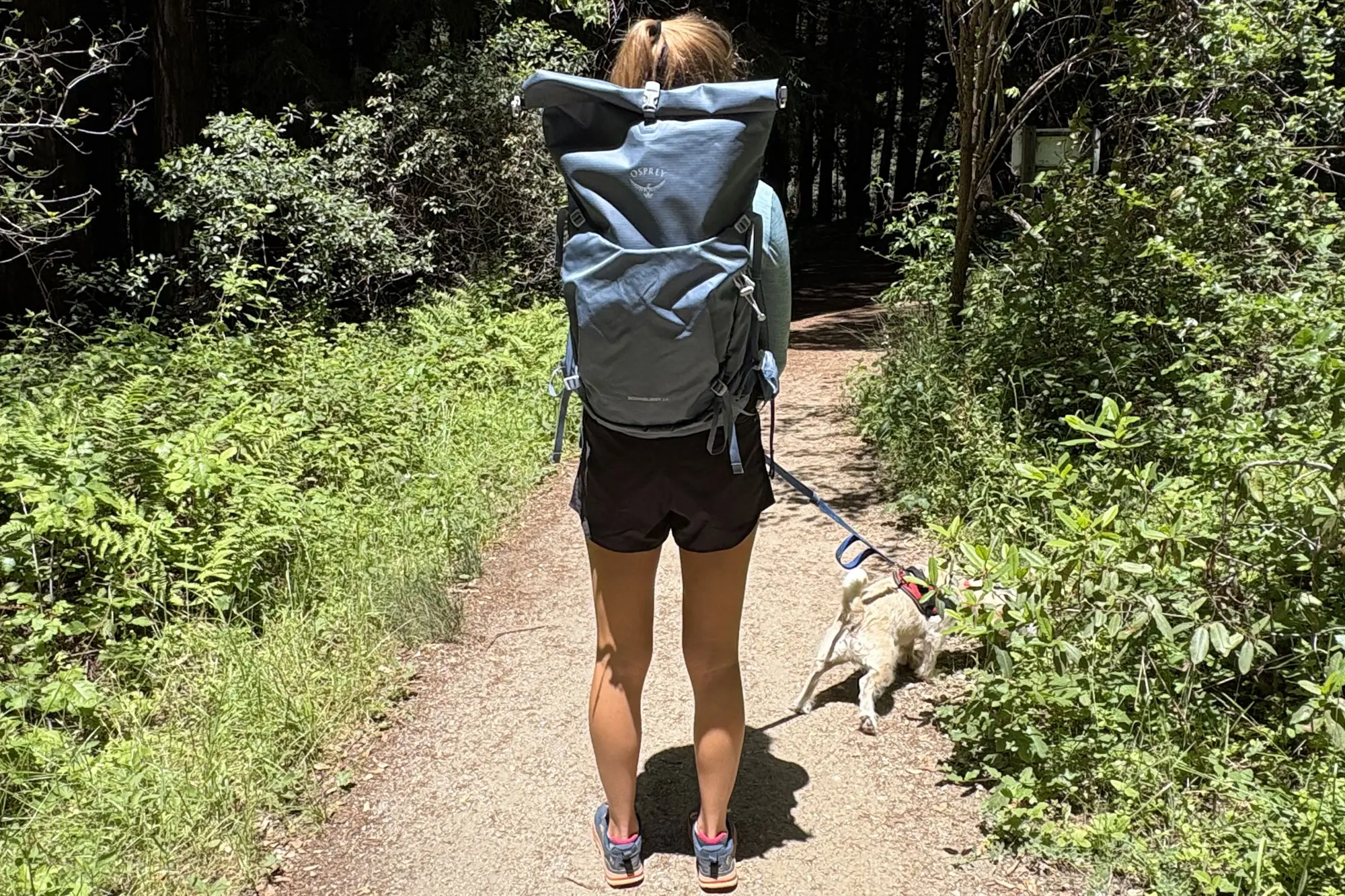 a woman with a blue Osprey Downburst Daypack